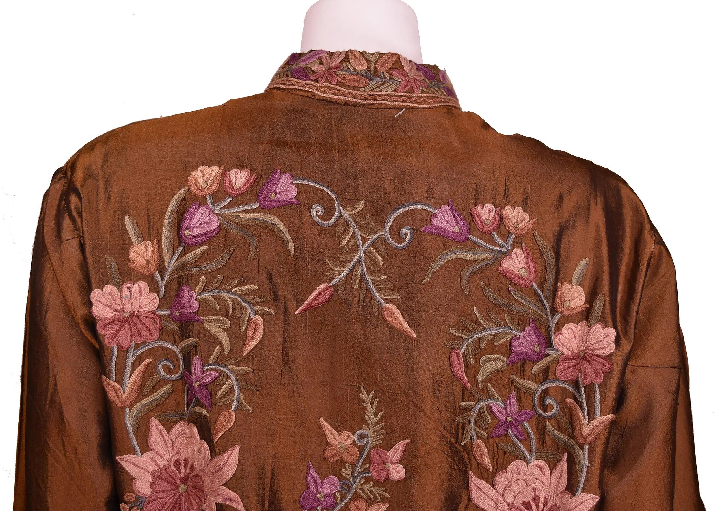 Irina Brown Silk Dinner Jacket Evening Dress Coat Floral Hand Embroidered Kashmir