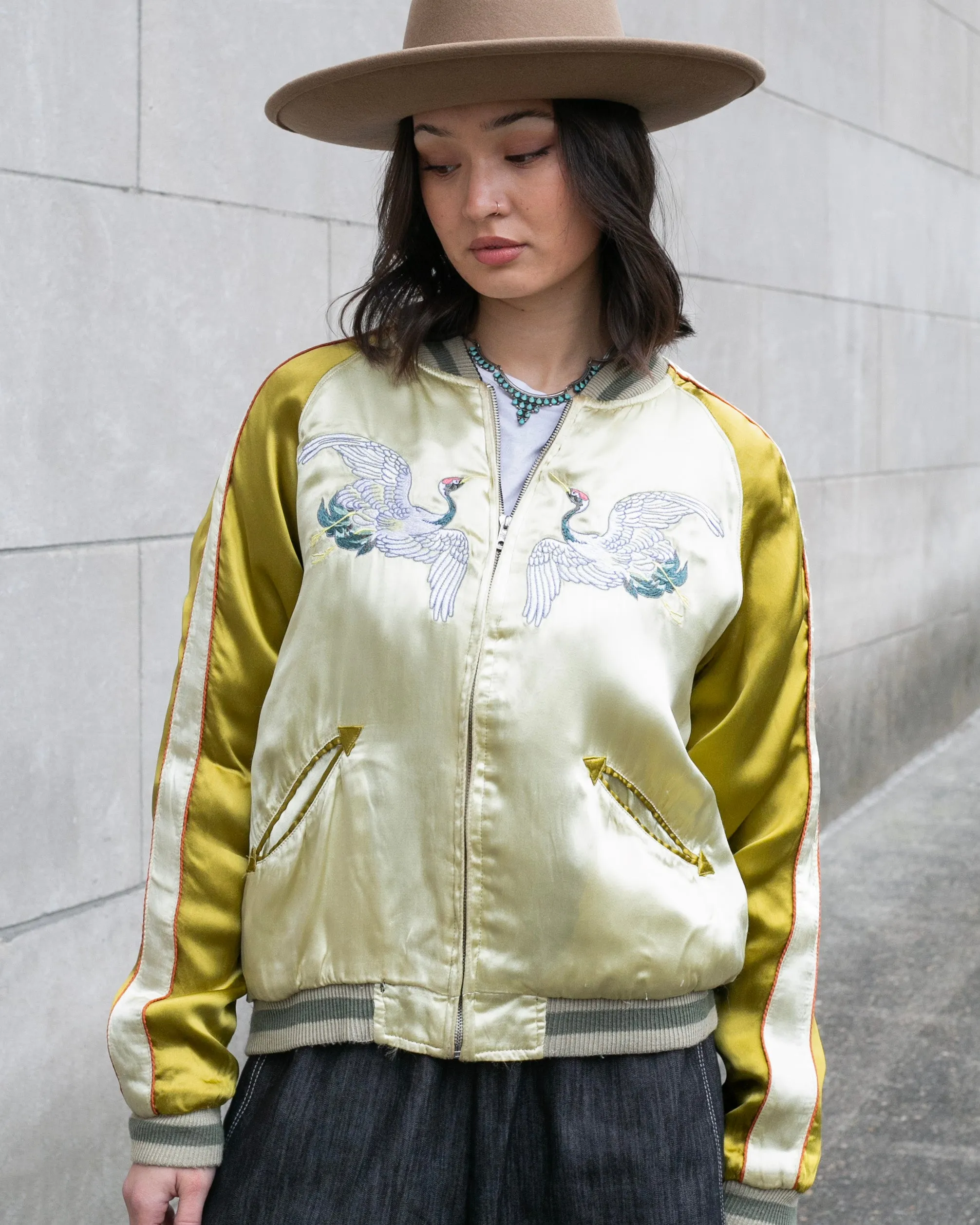 Japanese Repro Souvenir Jacket, Reversible, Gold with Cranes - M