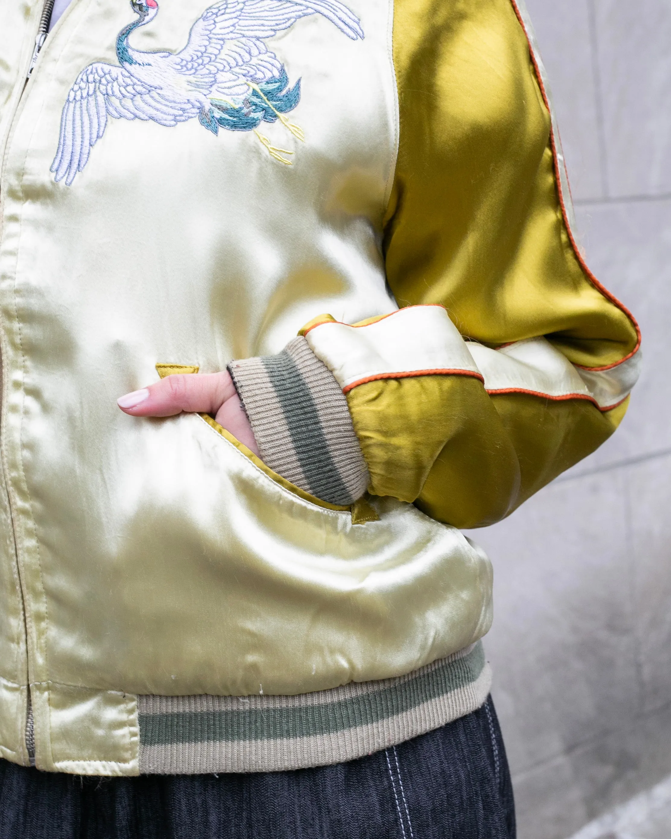 Japanese Repro Souvenir Jacket, Reversible, Gold with Cranes - M