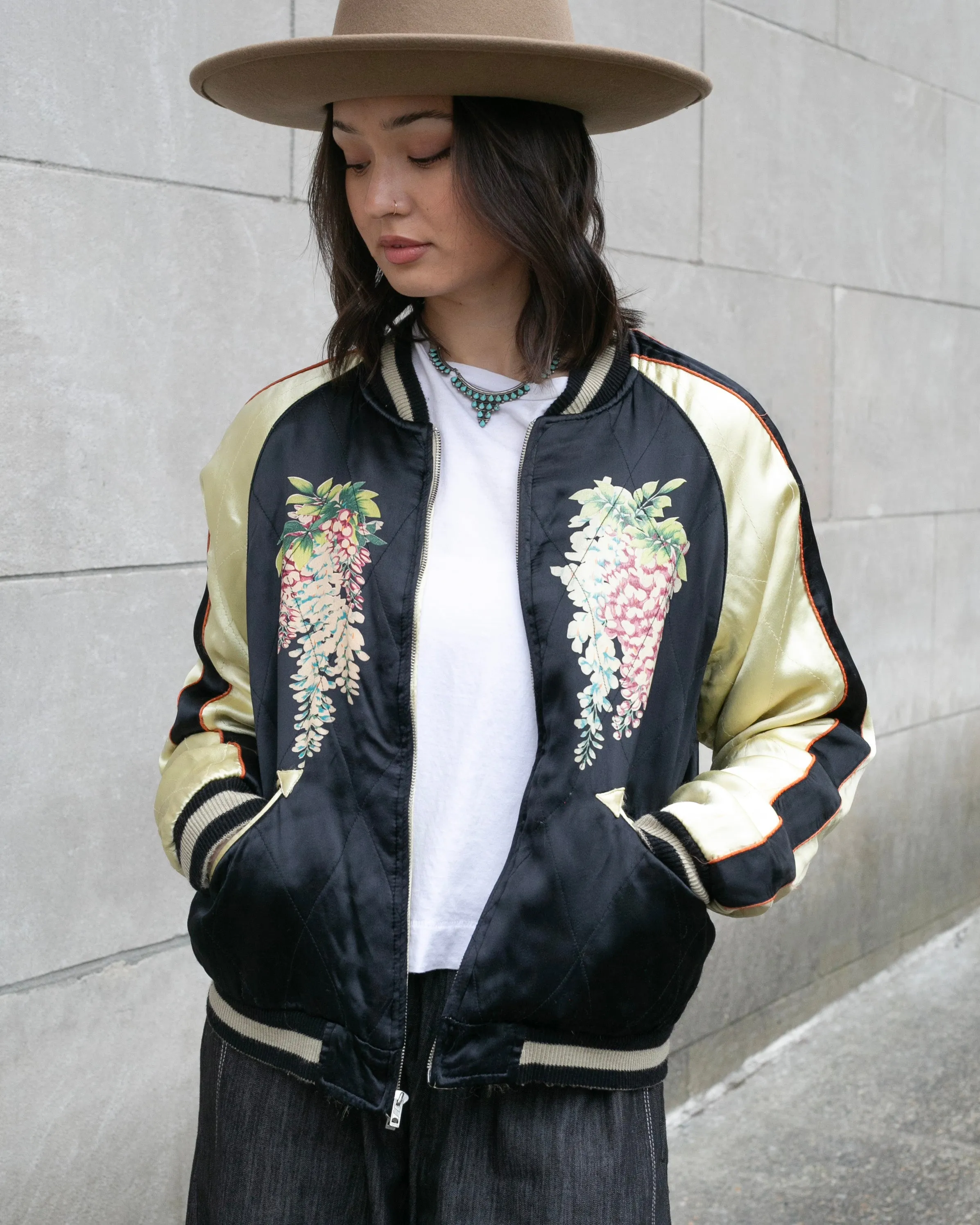 Japanese Repro Souvenir Jacket, Reversible, Gold with Cranes - M