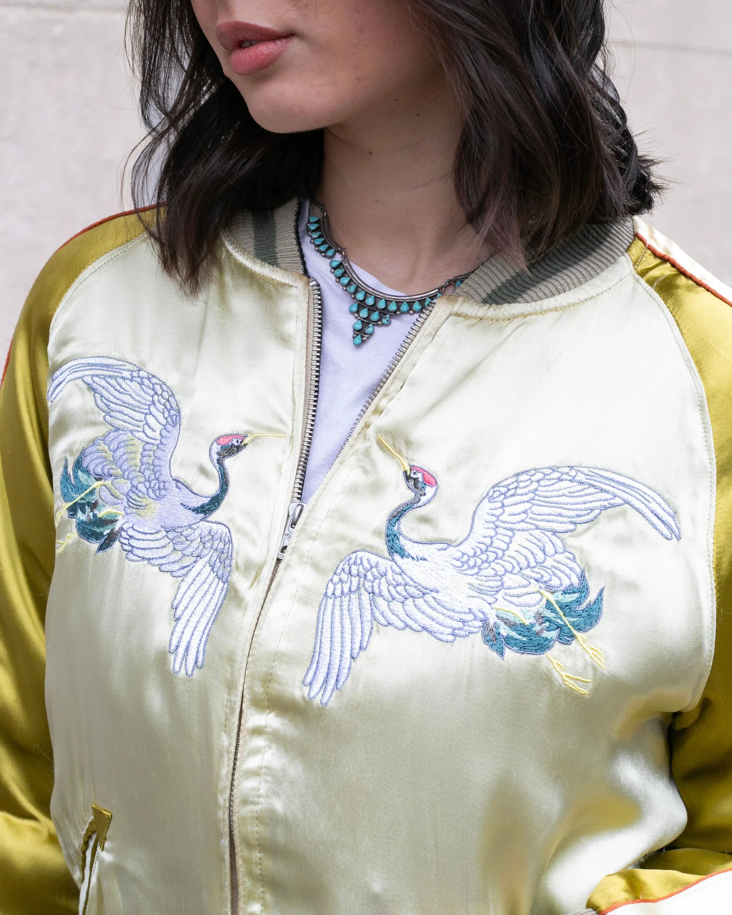 Japanese Repro Souvenir Jacket, Reversible, Gold with Cranes - M