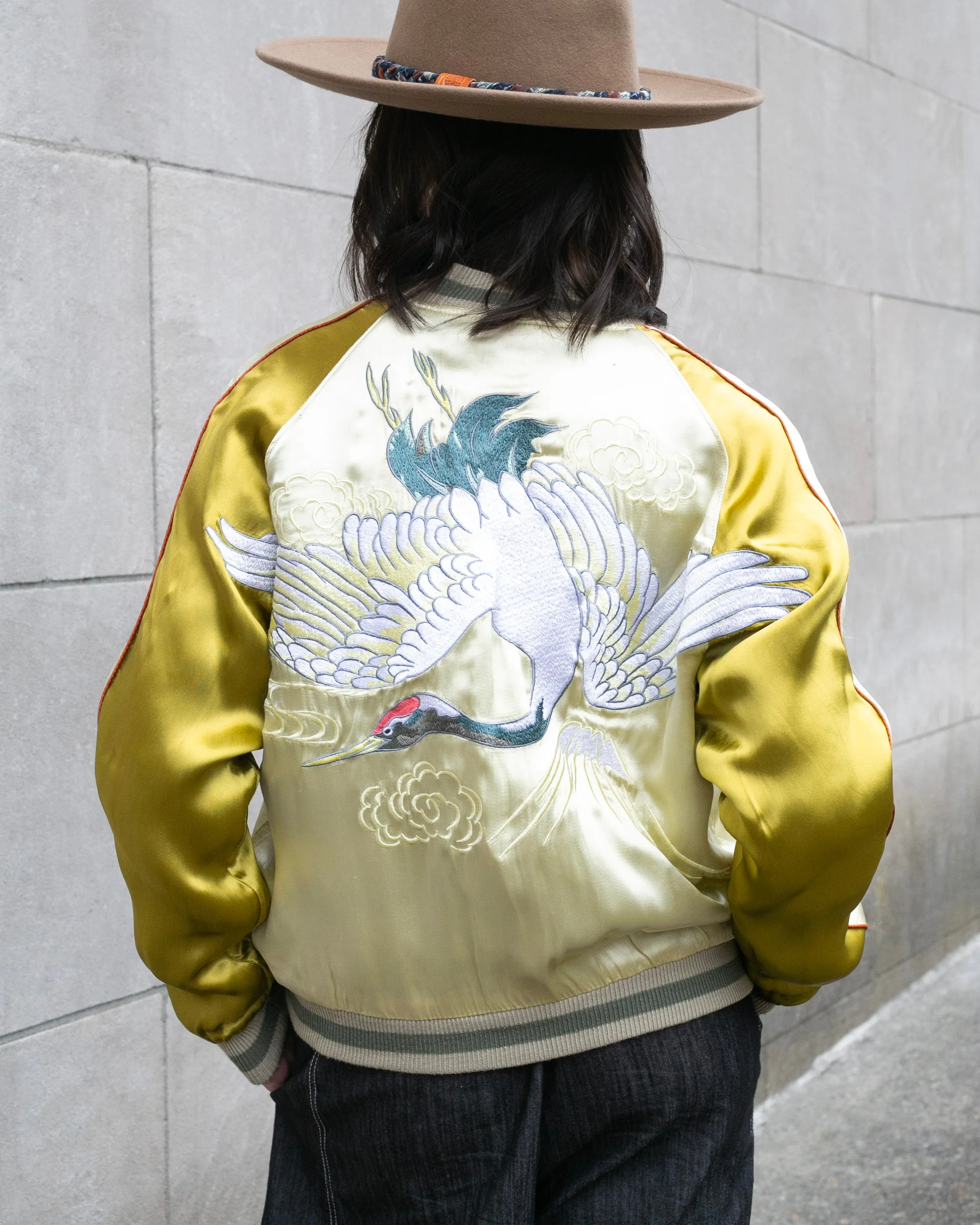 Japanese Repro Souvenir Jacket, Reversible, Gold with Cranes - M
