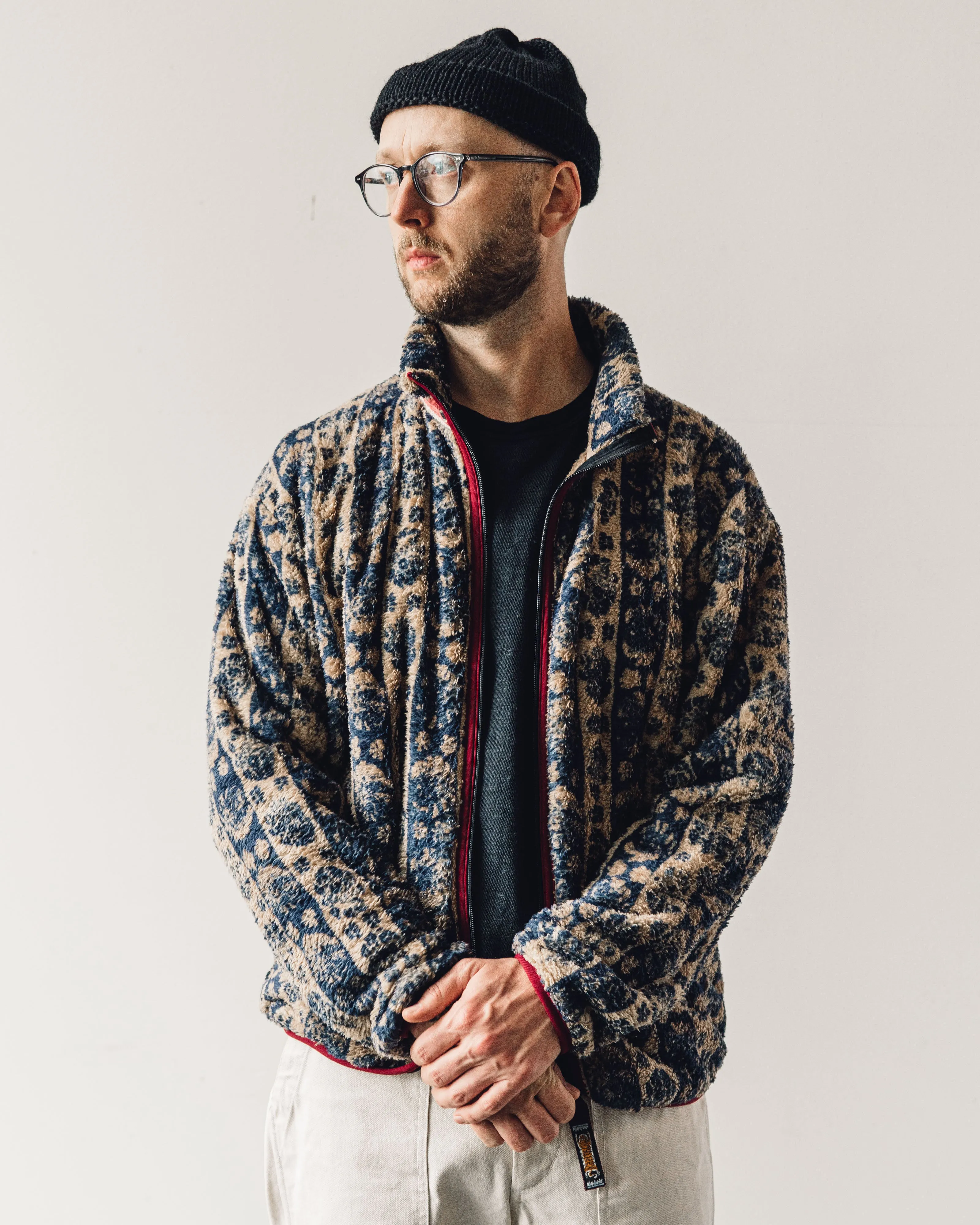 Kapital Damask Stripe Fleece Zip, Beige