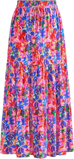 KIRUNDO Womens Boho Floral Maxi Midi Skirt 2025 Summer Trendy Elastic Waist Pleated Aline Flowy Long Skirts Beach Vacation