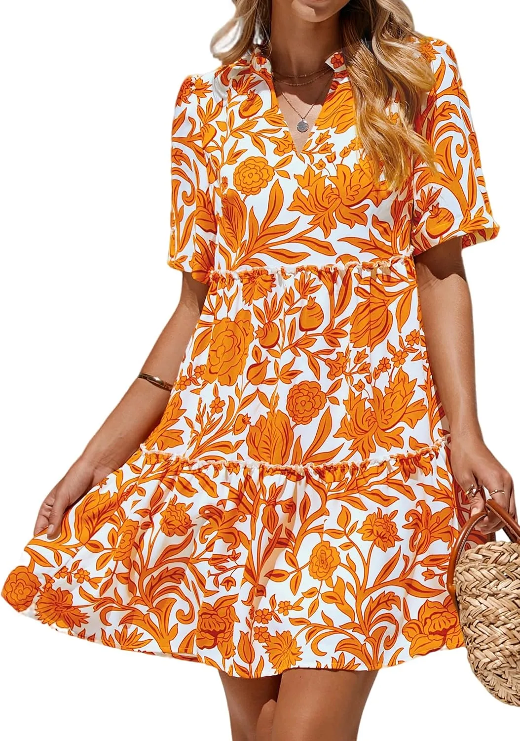 KIRUNDO Womens Summer Dresses Casual Boho Floral Mini Babydoll Short Sleeve A Line Dress V Neck Sundress Beach Vacation