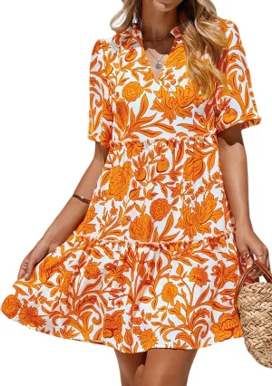 KIRUNDO Womens Summer Dresses Casual Boho Floral Mini Babydoll Short Sleeve A Line Dress V Neck Sundress Beach Vacation