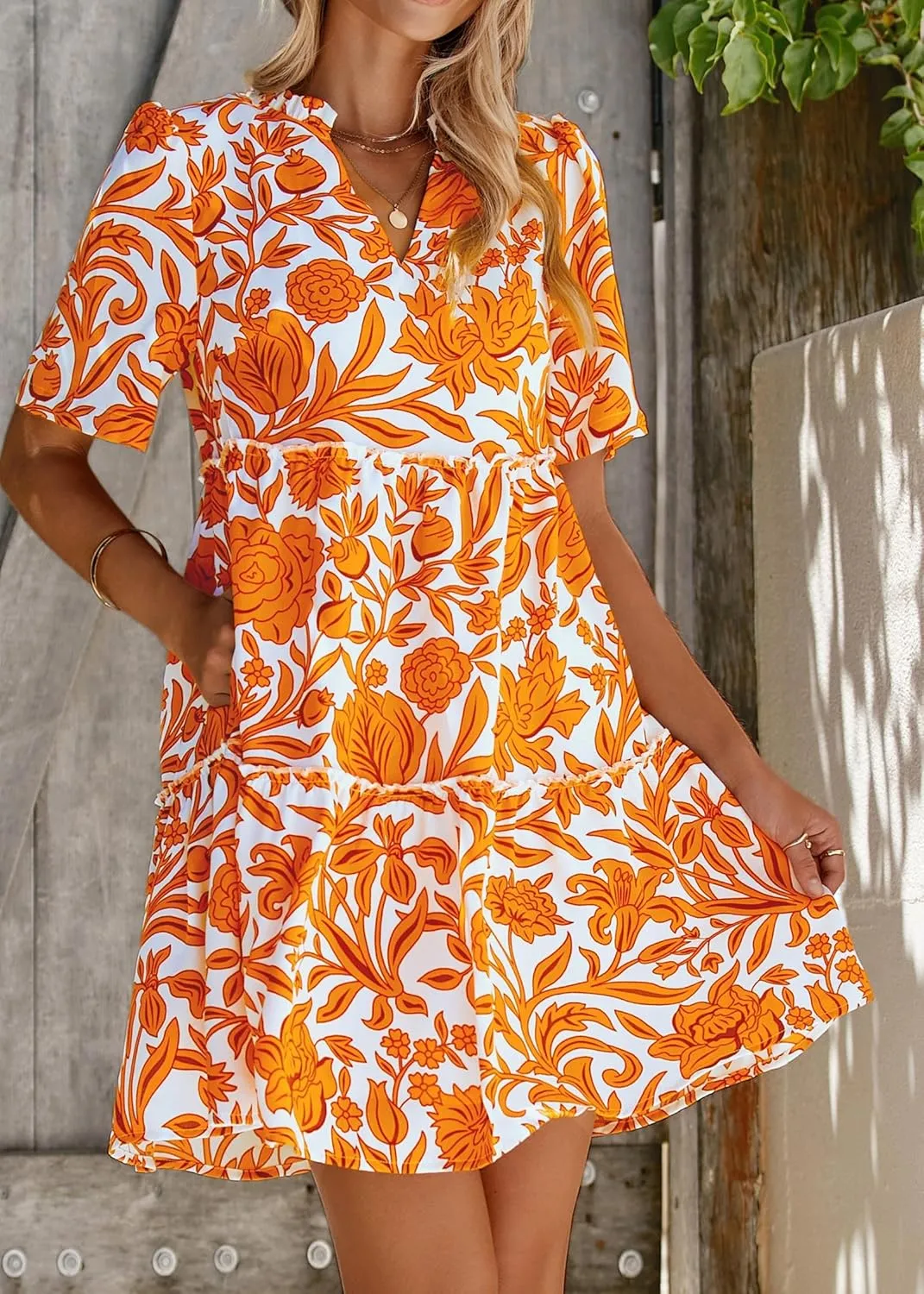 KIRUNDO Womens Summer Dresses Casual Boho Floral Mini Babydoll Short Sleeve A Line Dress V Neck Sundress Beach Vacation