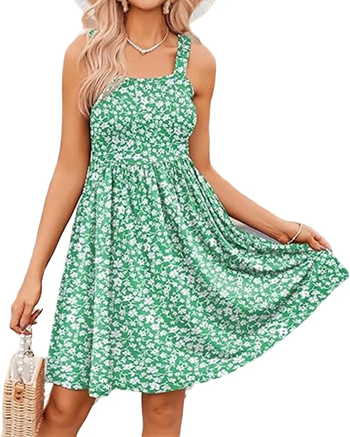 Kubbon Floral Dress for Women Casual Sleeveless Square Neck Tank Dresses Boho A Line Mini Dresses Beach Travel Outfits