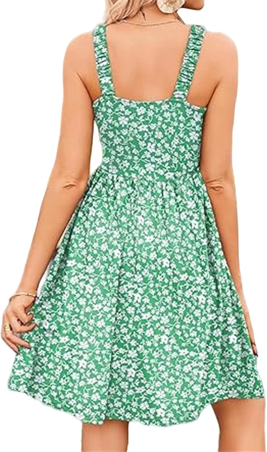 Kubbon Floral Dress for Women Casual Sleeveless Square Neck Tank Dresses Boho A Line Mini Dresses Beach Travel Outfits