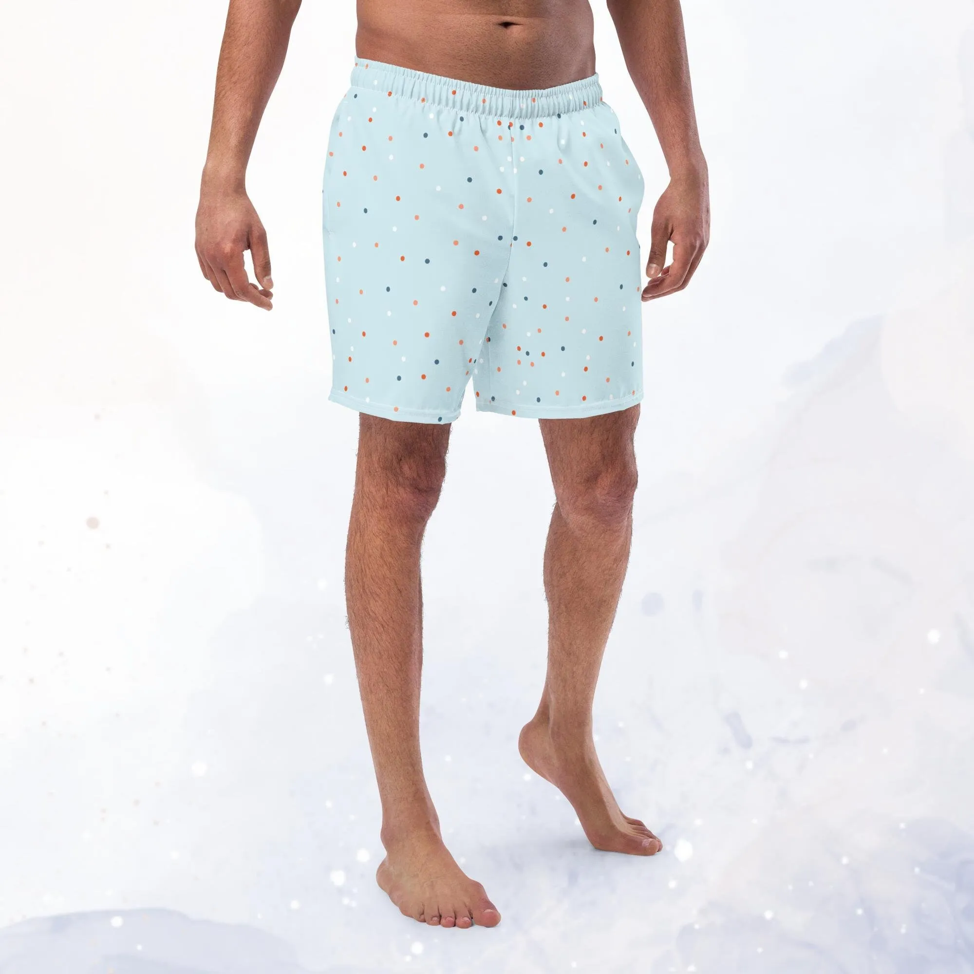 Light Blue and Orange Polka Dot Mens Swim Trunks