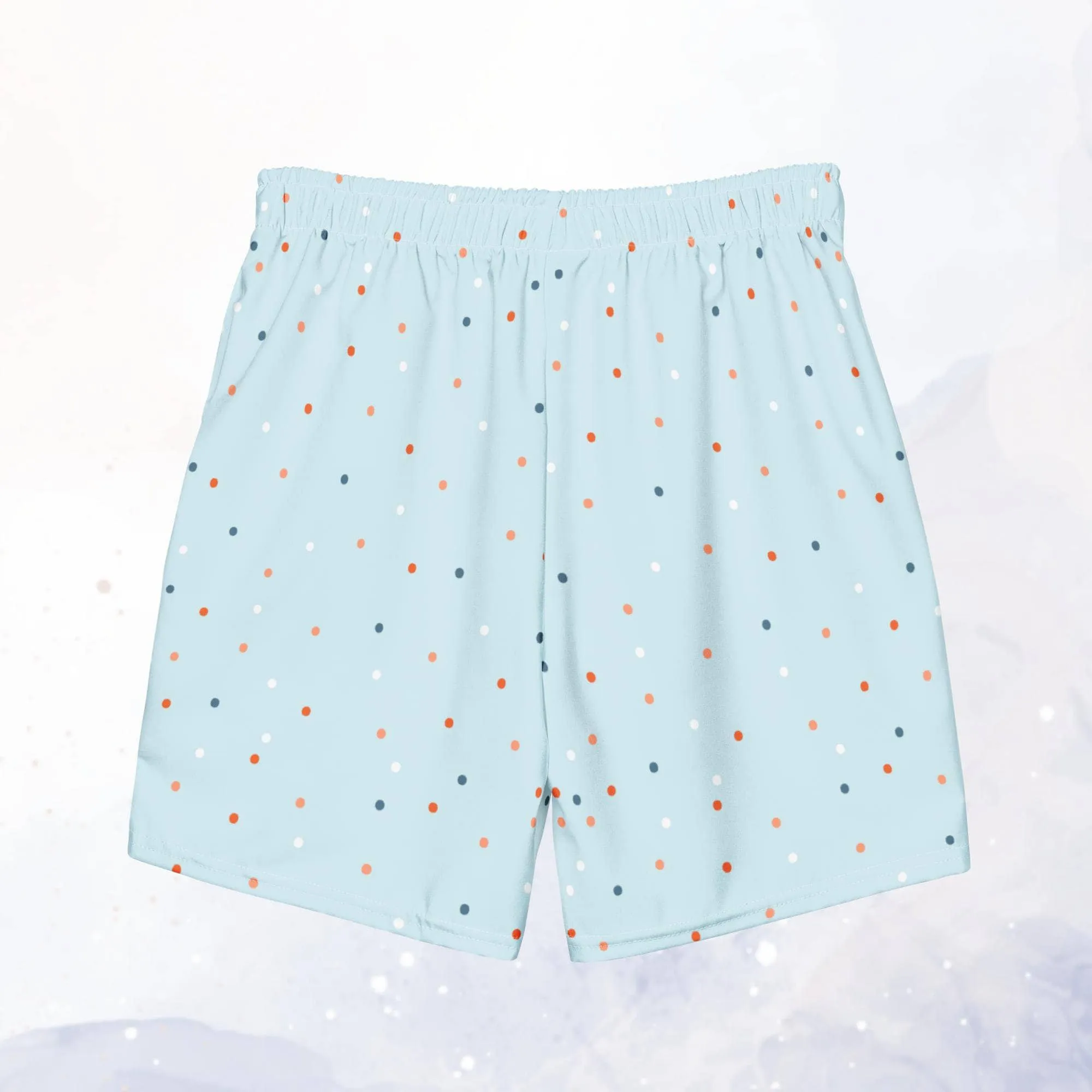 Light Blue and Orange Polka Dot Mens Swim Trunks