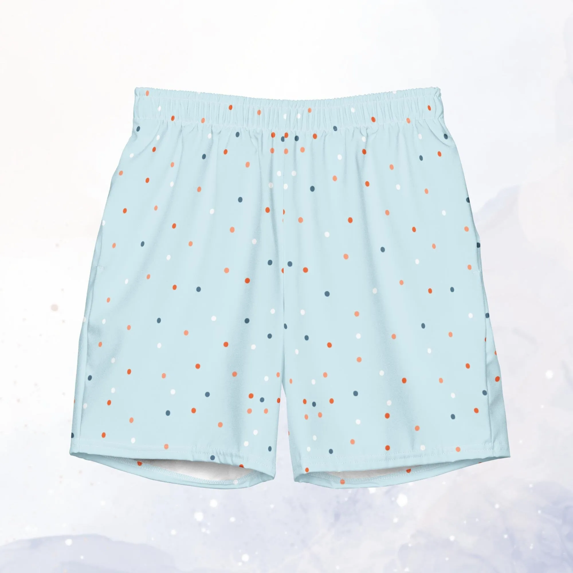 Light Blue and Orange Polka Dot Mens Swim Trunks