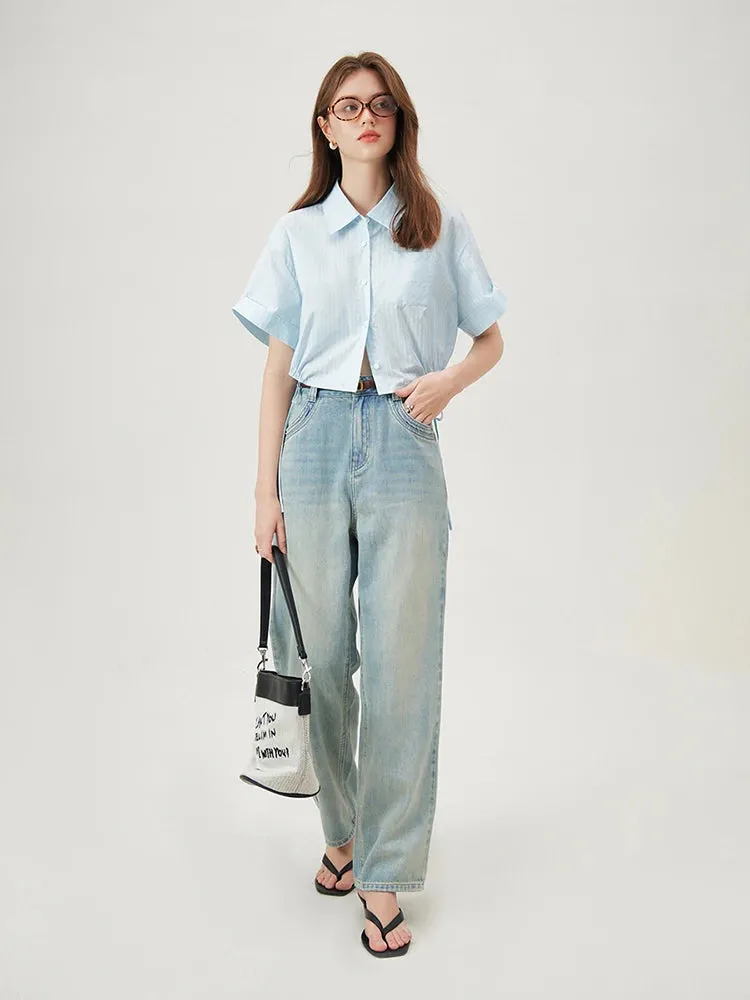 Lightweight Striped Short Sleeve Crop Shirt
