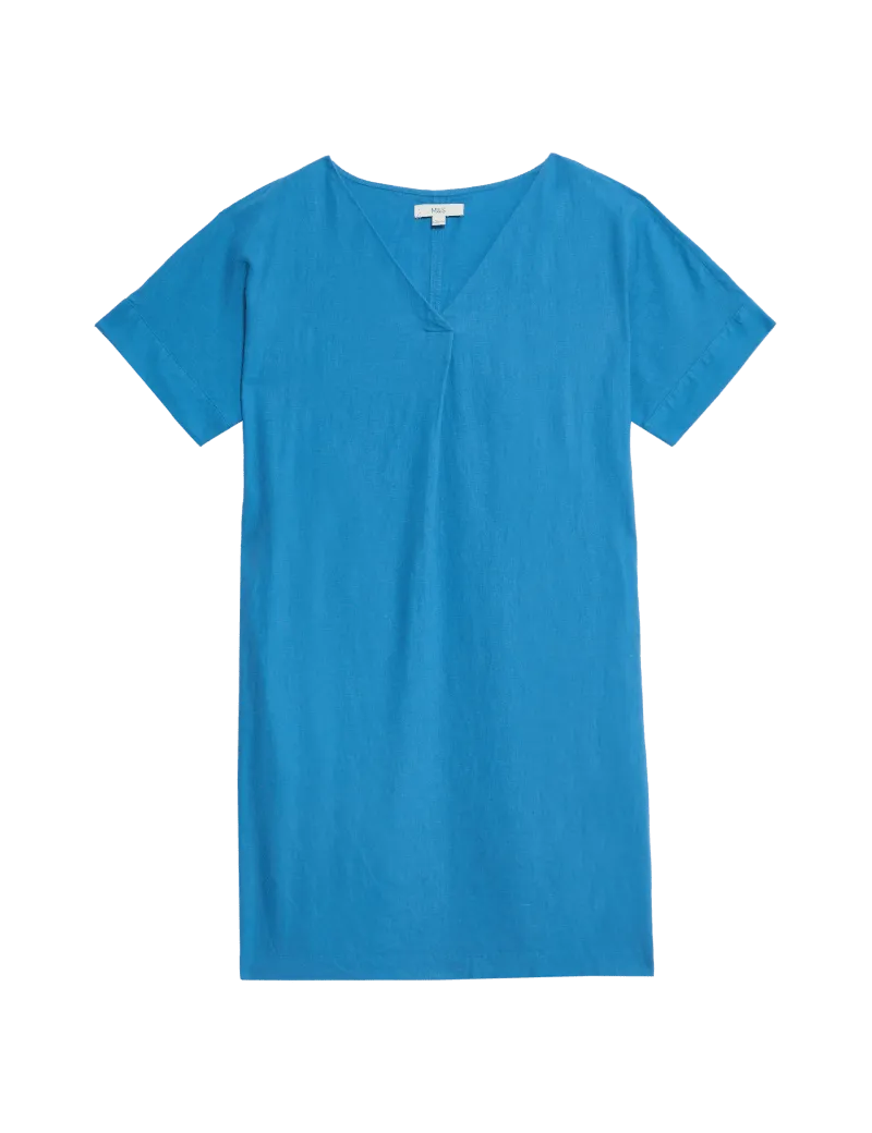 Linen Rich V-Neck Mini Shift Dress