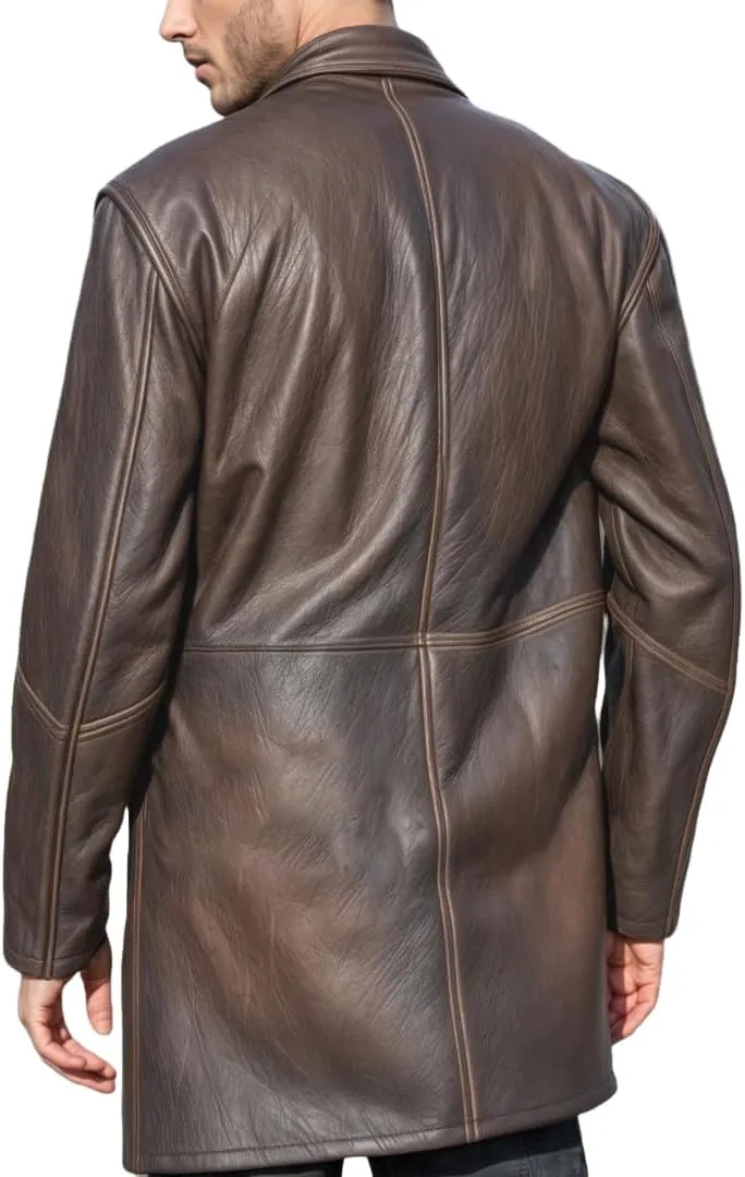 LP-FACON Men's 3/4 Mid Length Genuine Leather Trench Coat - Vintage Leather Blazer Jacket Car Coat
