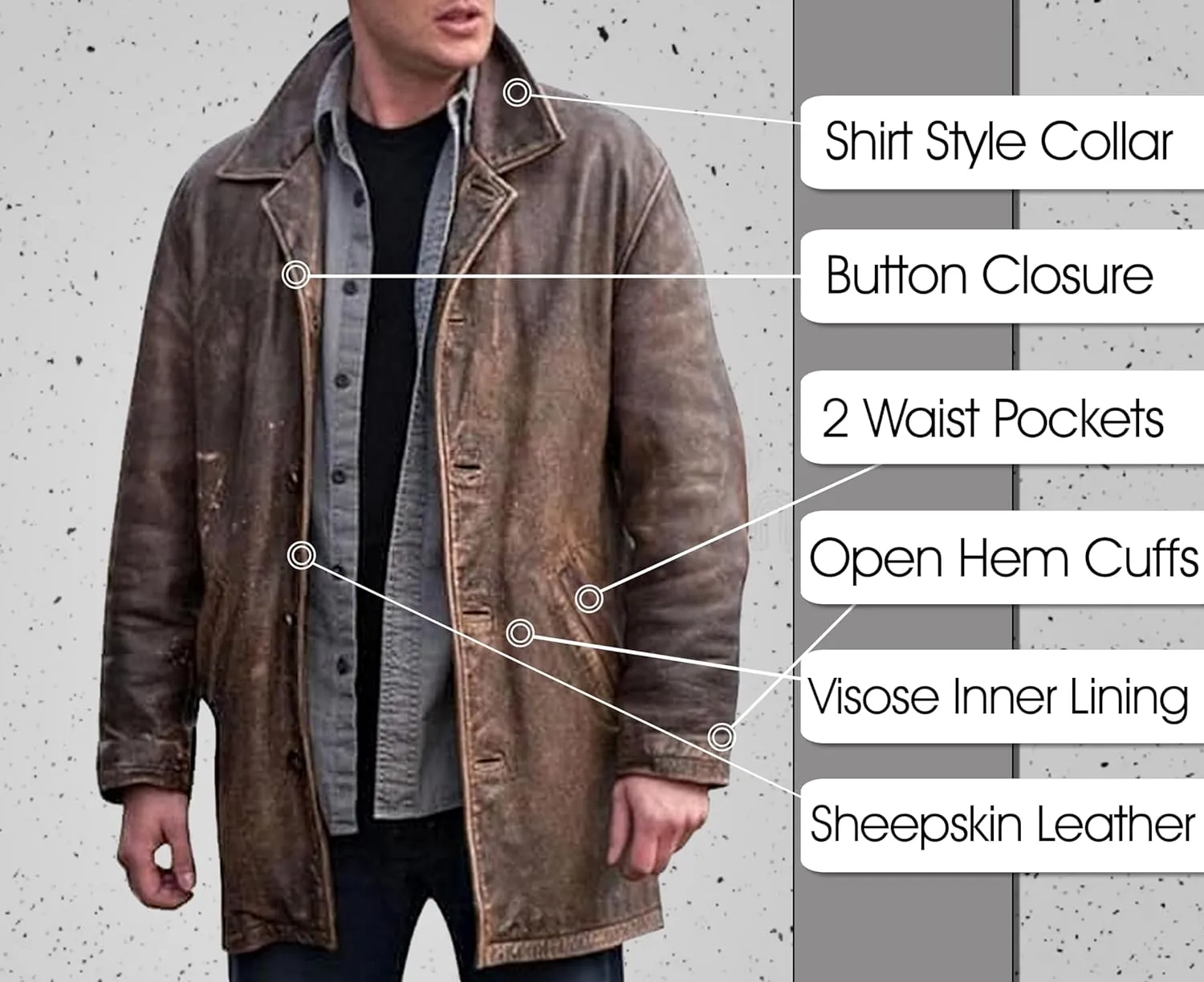 LP-FACON Men's 3/4 Mid Length Genuine Leather Trench Coat - Vintage Leather Blazer Jacket Car Coat