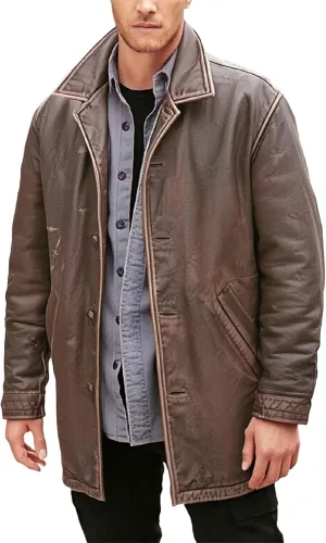 LP-FACON Men's 3/4 Mid Length Genuine Leather Trench Coat - Vintage Leather Blazer Jacket Car Coat
