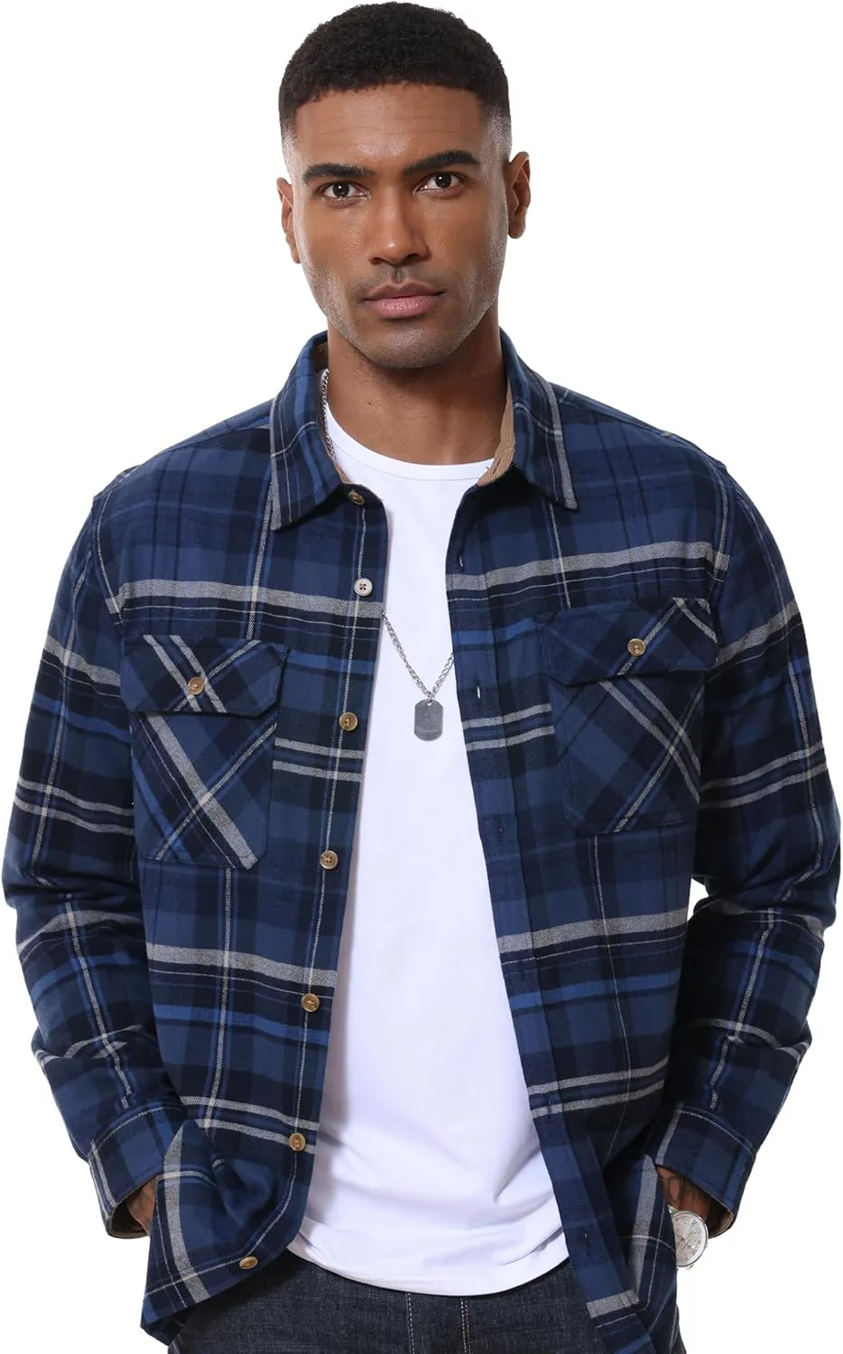 MAGCOMSEN Men's Flannel Shirts Long Sleeve Plaid Shirt Button Up Casual Shirts Lightweight Shirt Jacket with 2 Pockets