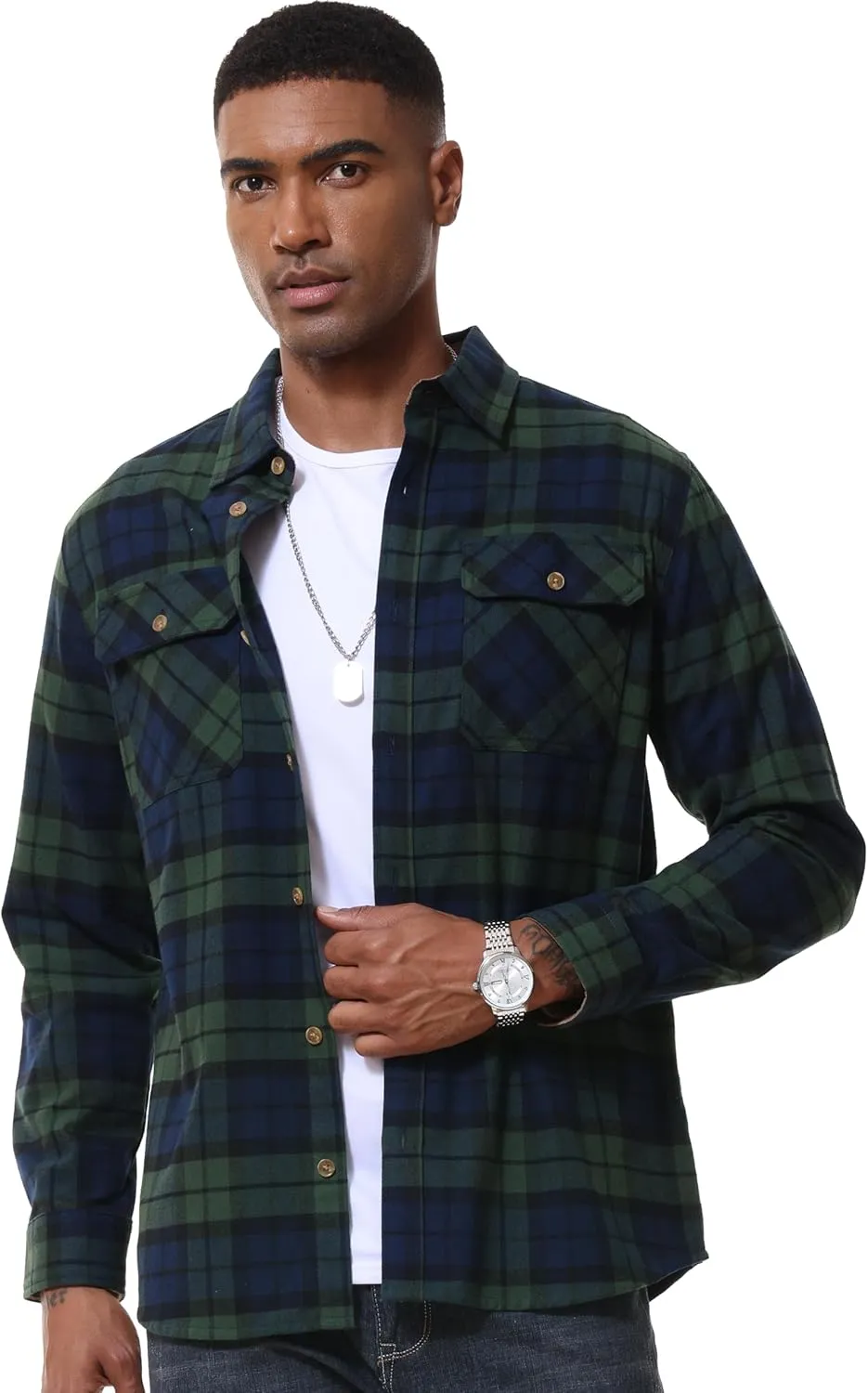 MAGCOMSEN Men's Flannel Shirts Long Sleeve Plaid Shirt Button Up Casual Shirts Lightweight Shirt Jacket with 2 Pockets