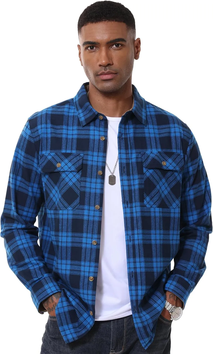 MAGCOMSEN Men's Flannel Shirts Long Sleeve Plaid Shirt Button Up Casual Shirts Lightweight Shirt Jacket with 2 Pockets