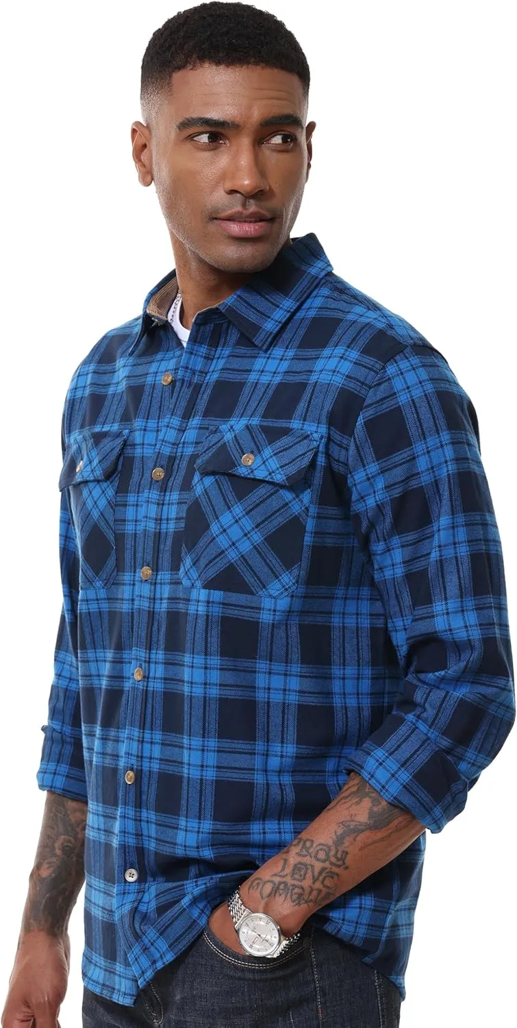 MAGCOMSEN Men's Flannel Shirts Long Sleeve Plaid Shirt Button Up Casual Shirts Lightweight Shirt Jacket with 2 Pockets