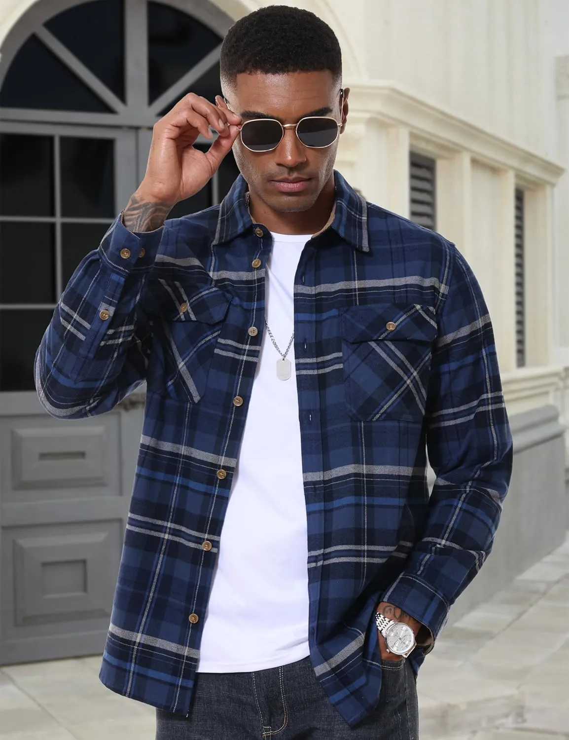 MAGCOMSEN Men's Flannel Shirts Long Sleeve Plaid Shirt Button Up Casual Shirts Lightweight Shirt Jacket with 2 Pockets