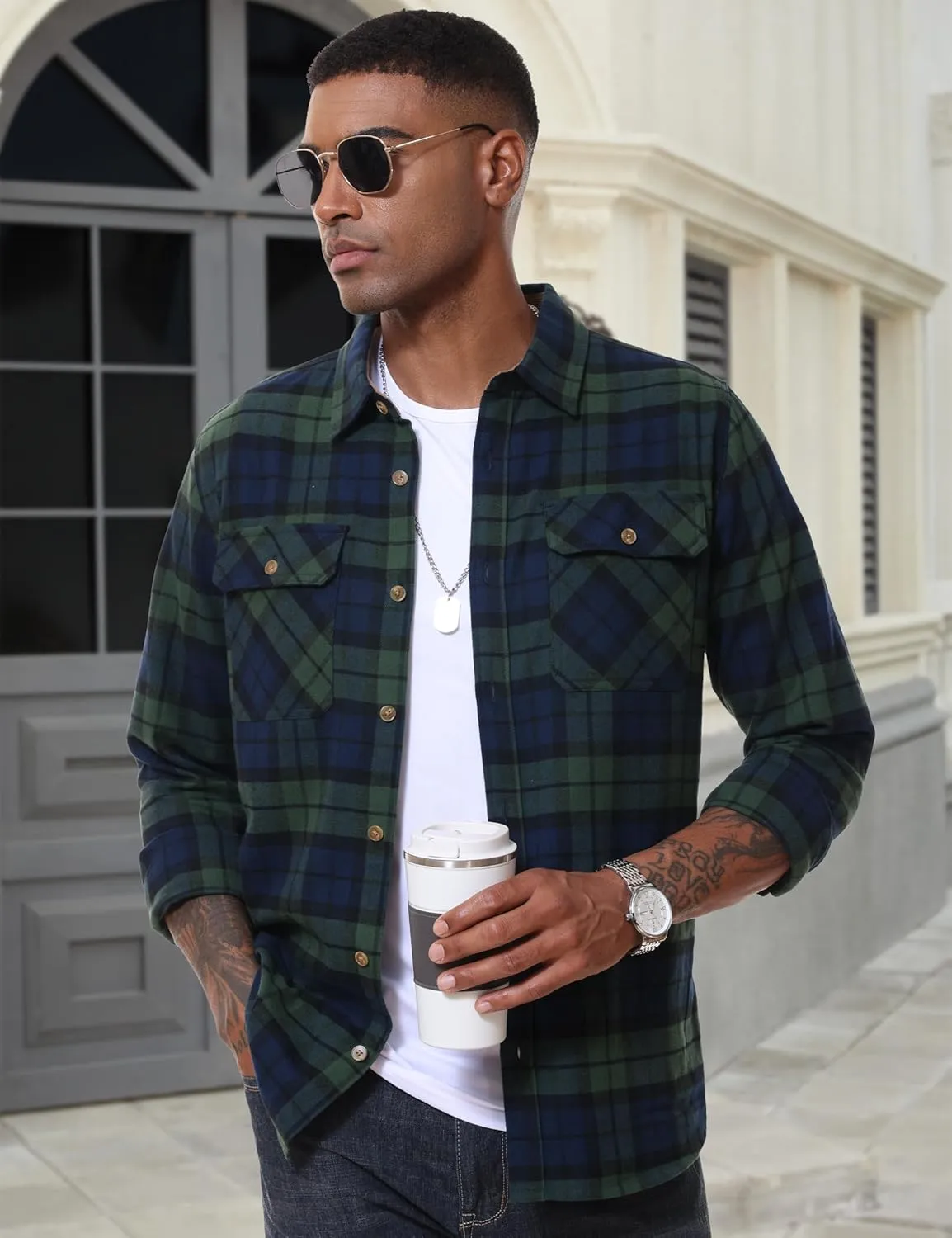 MAGCOMSEN Men's Flannel Shirts Long Sleeve Plaid Shirt Button Up Casual Shirts Lightweight Shirt Jacket with 2 Pockets