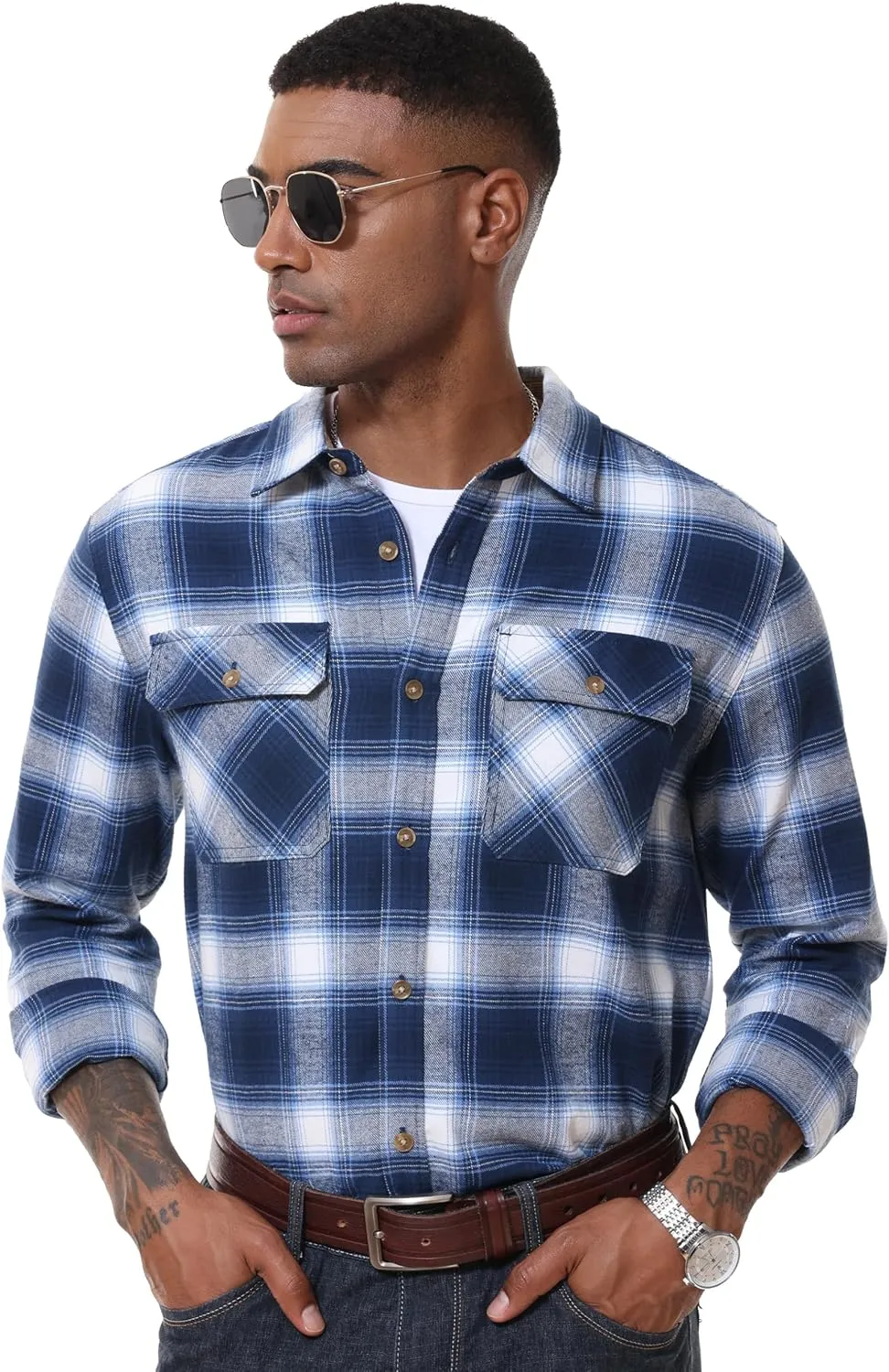 MAGCOMSEN Men's Flannel Shirts Long Sleeve Plaid Shirt Button Up Casual Shirts Lightweight Shirt Jacket with 2 Pockets