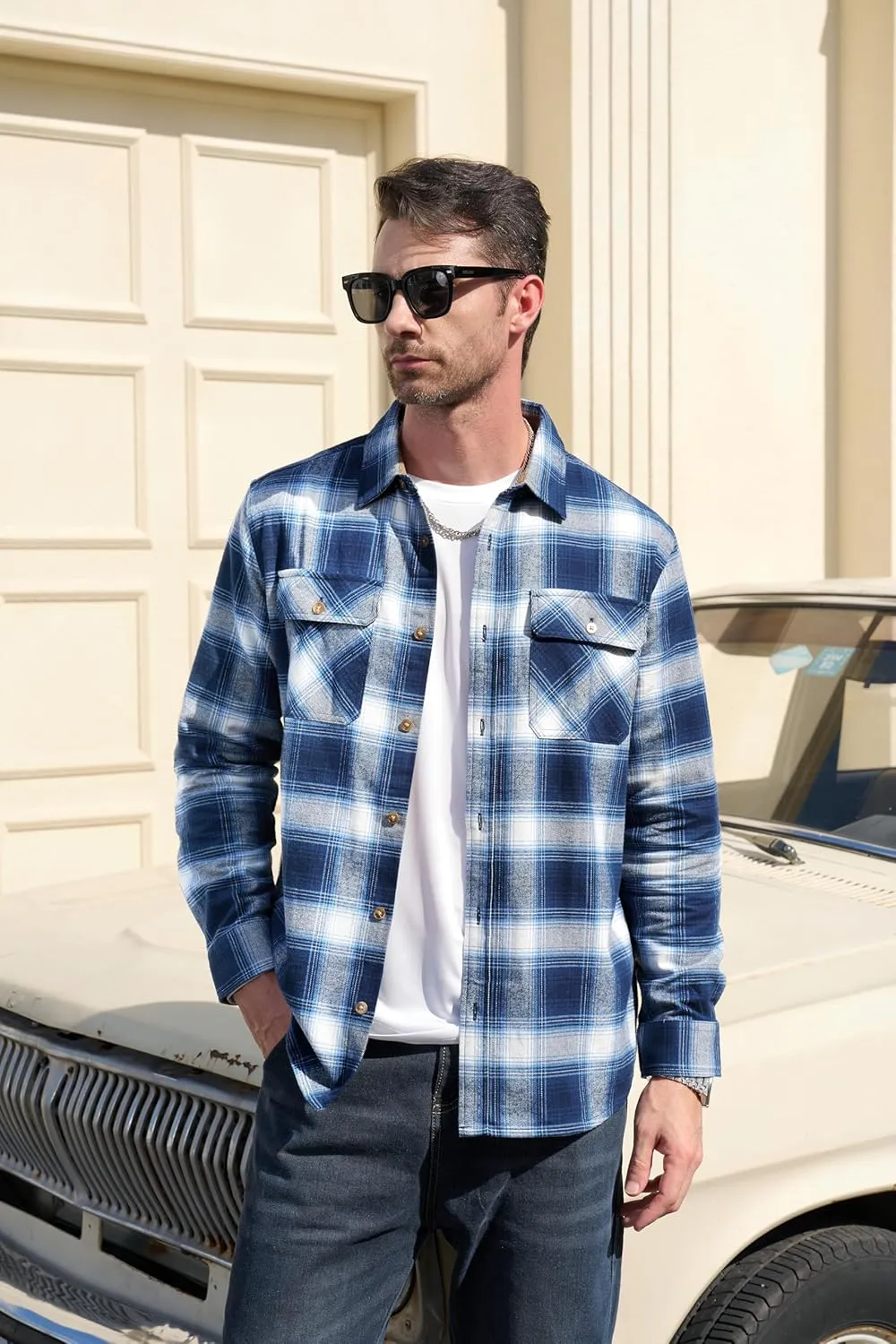 MAGCOMSEN Men's Flannel Shirts Long Sleeve Plaid Shirt Button Up Casual Shirts Lightweight Shirt Jacket with 2 Pockets