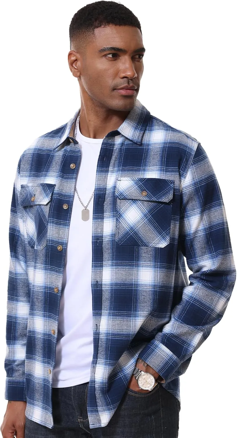 MAGCOMSEN Men's Flannel Shirts Long Sleeve Plaid Shirt Button Up Casual Shirts Lightweight Shirt Jacket with 2 Pockets