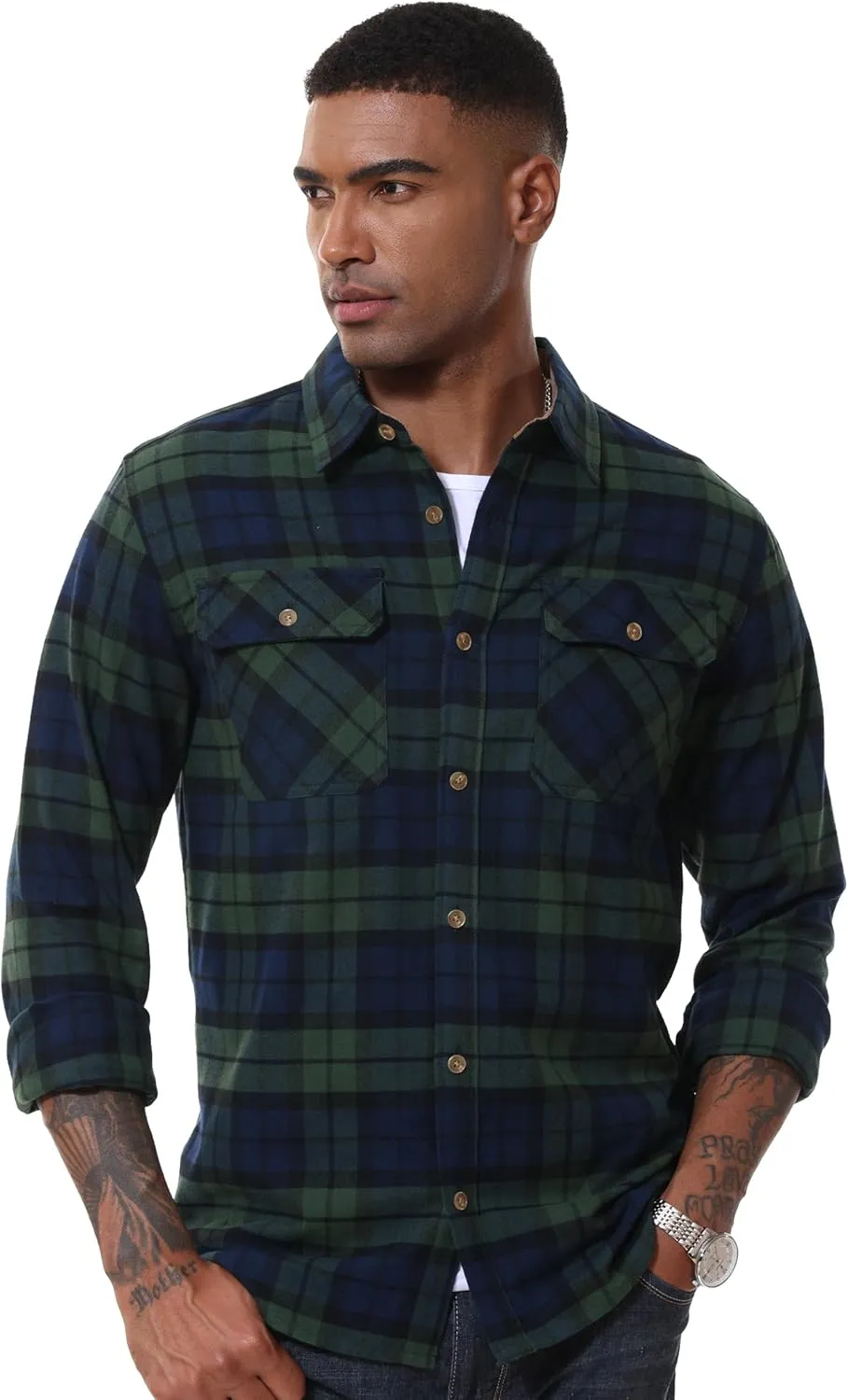 MAGCOMSEN Men's Flannel Shirts Long Sleeve Plaid Shirt Button Up Casual Shirts Lightweight Shirt Jacket with 2 Pockets