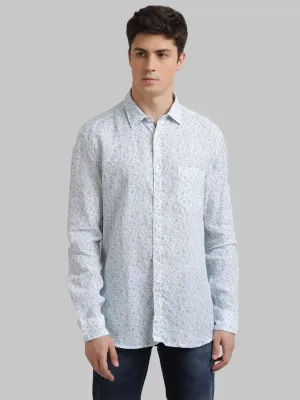 Men Blue Slim Fit Print Linen Full Sleeve Shirts