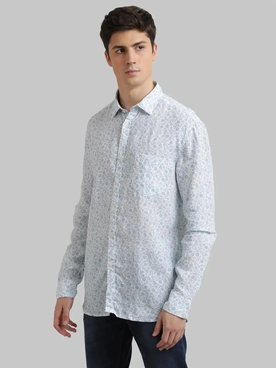 Men Blue Slim Fit Print Linen Full Sleeve Shirts