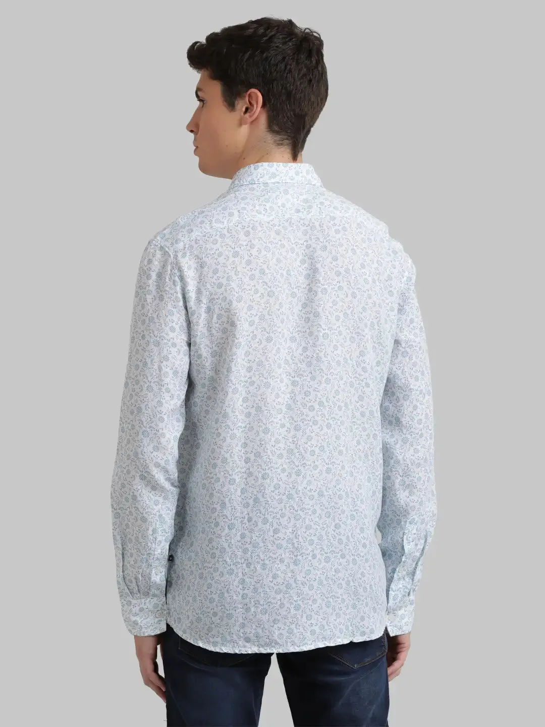 Men Blue Slim Fit Print Linen Full Sleeve Shirts