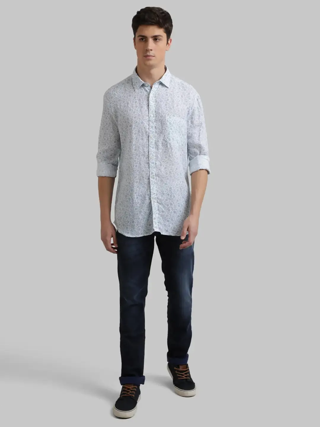 Men Blue Slim Fit Print Linen Full Sleeve Shirts