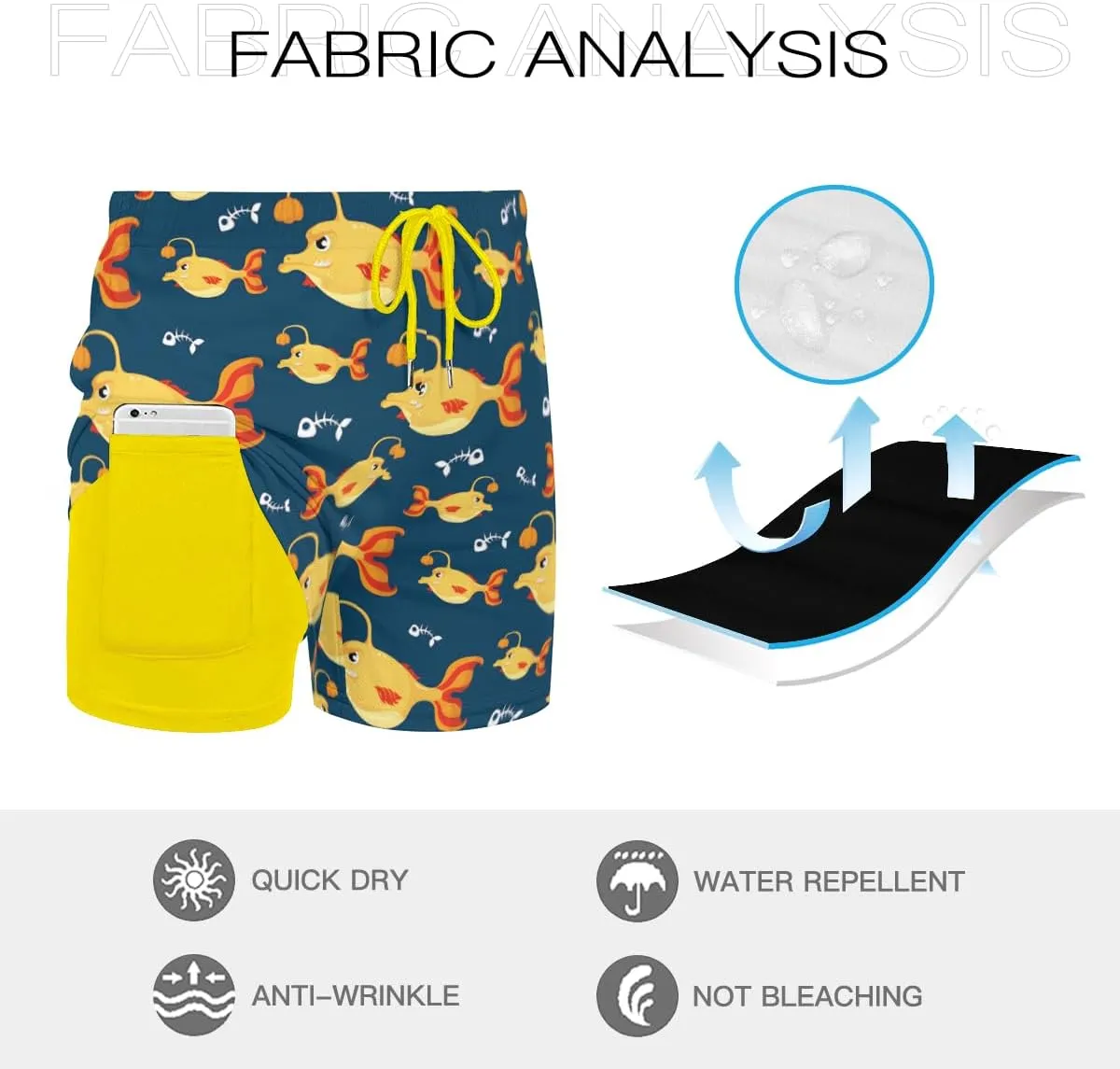 Men's Packable Compact Shorts Anglerfish Patterned Swim Trunks Lightweight Breathable Comfortable