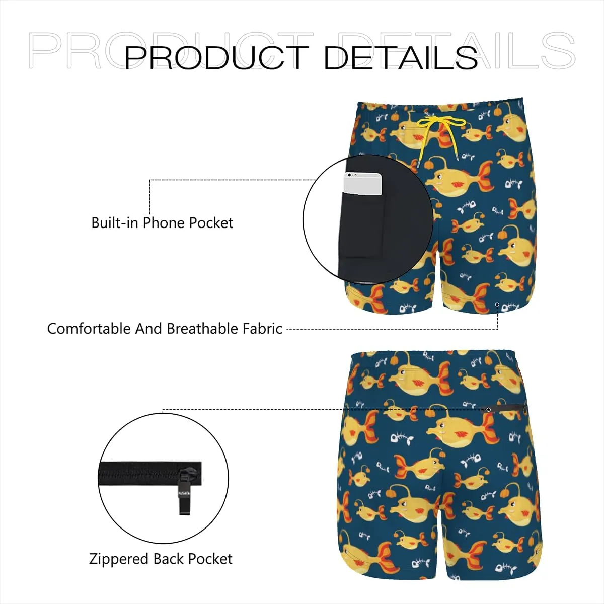 Men's Packable Compact Shorts Anglerfish Patterned Swim Trunks Lightweight Breathable Comfortable