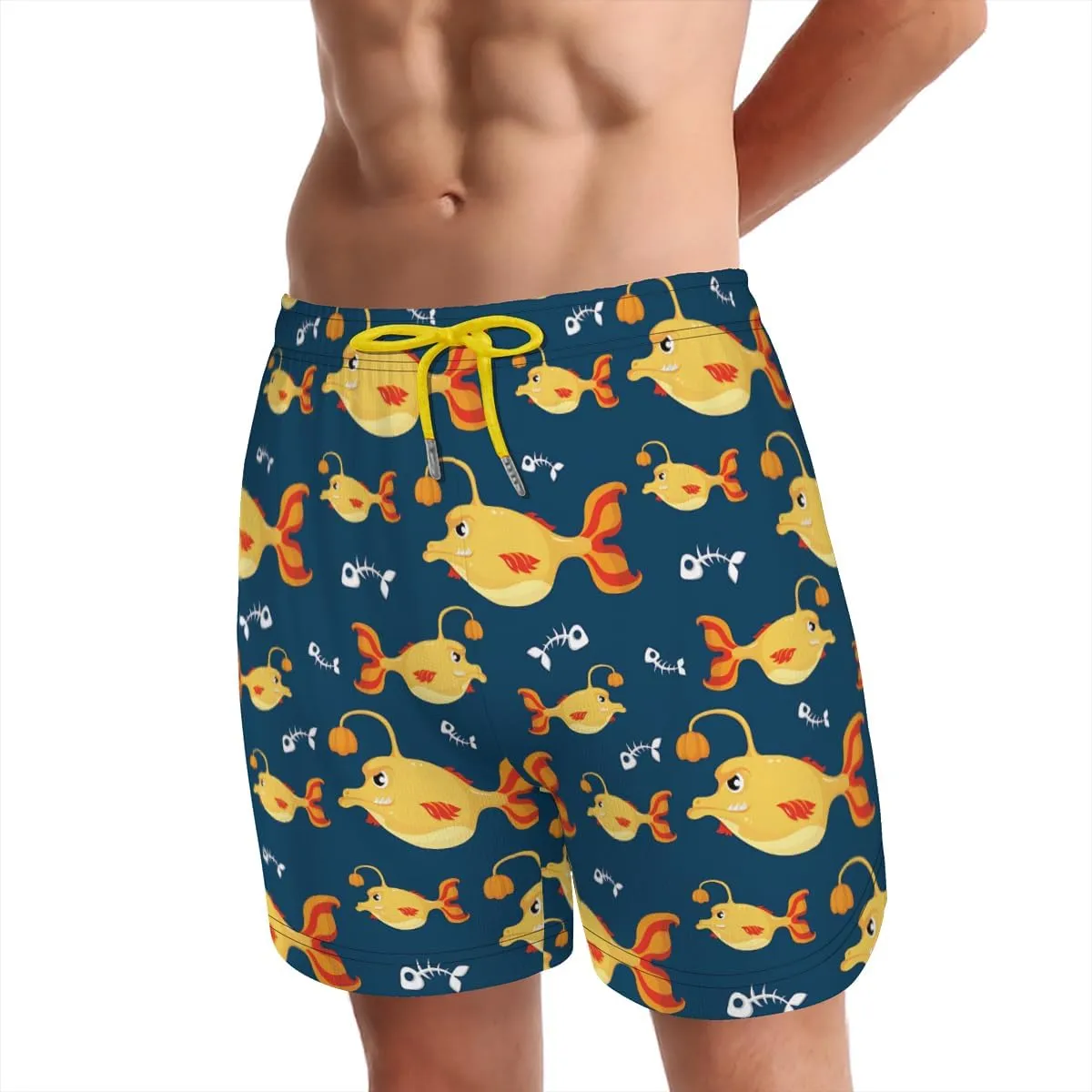 Men's Packable Compact Shorts Anglerfish Patterned Swim Trunks Lightweight Breathable Comfortable