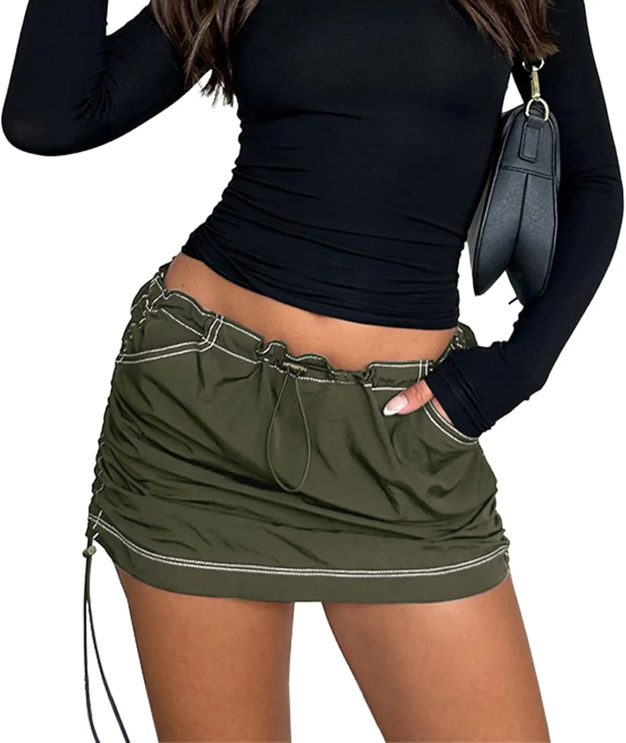 Mini Cargo Skirts for Women Y2K Low Waist Side Drawstring Trendy Summer Short Skirt with Pockets
