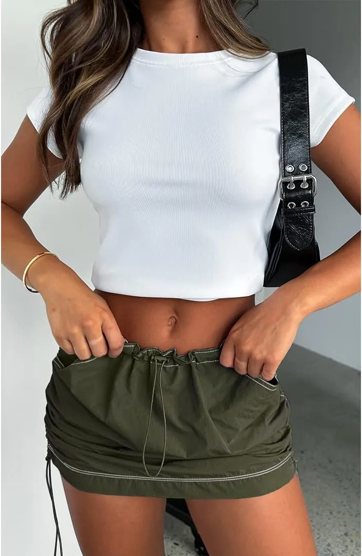 Mini Cargo Skirts for Women Y2K Low Waist Side Drawstring Trendy Summer Short Skirt with Pockets
