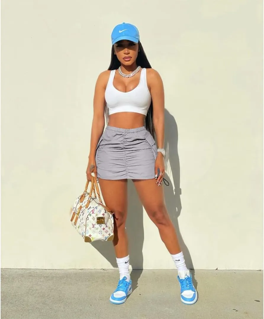 Mini Cargo Skirts for Women Y2K Low Waist Side Drawstring Trendy Summer Short Skirt with Pockets