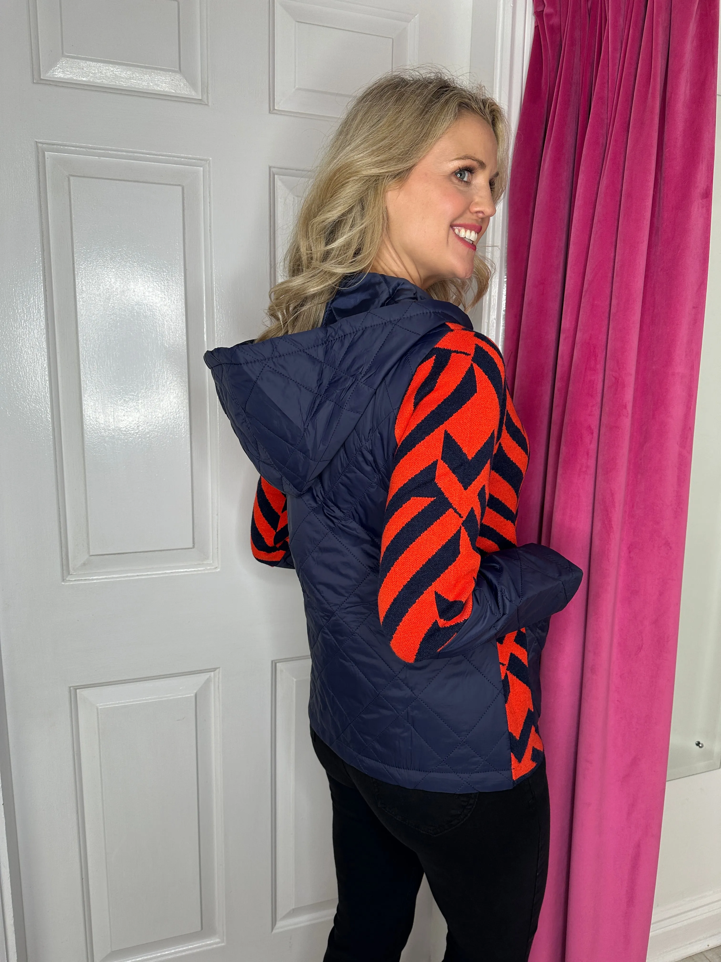 Navy & Orange Zig Zag Print Jacket With Padded Back & Hood