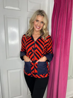 Navy & Orange Zig Zag Print Jacket With Padded Back & Hood