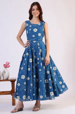 Ocean Blue Floral Printed Pure Cotton Flared Dress in Boat Neck