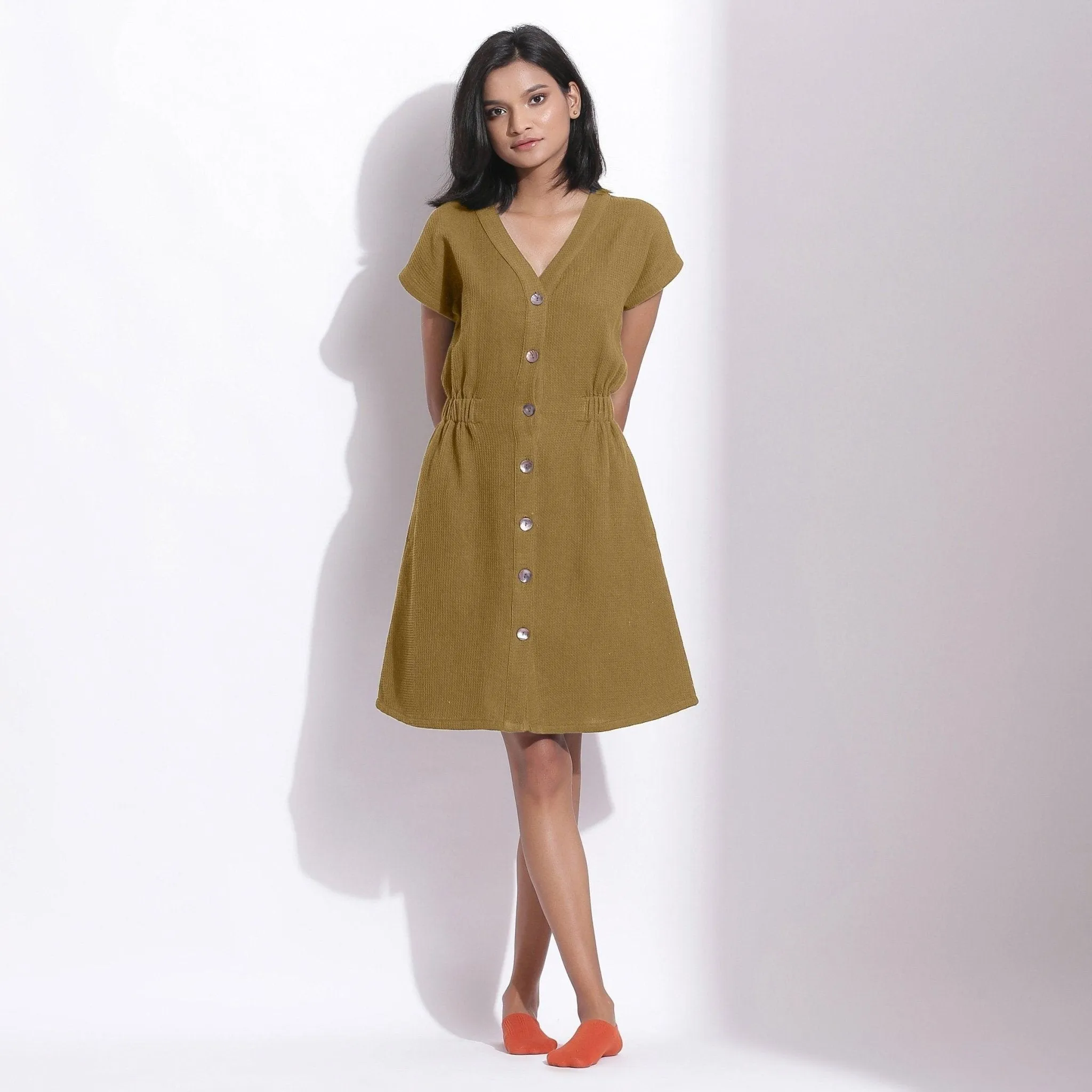 Olive Green Warm Cotton Waffle Knee Length Button-Down Dress