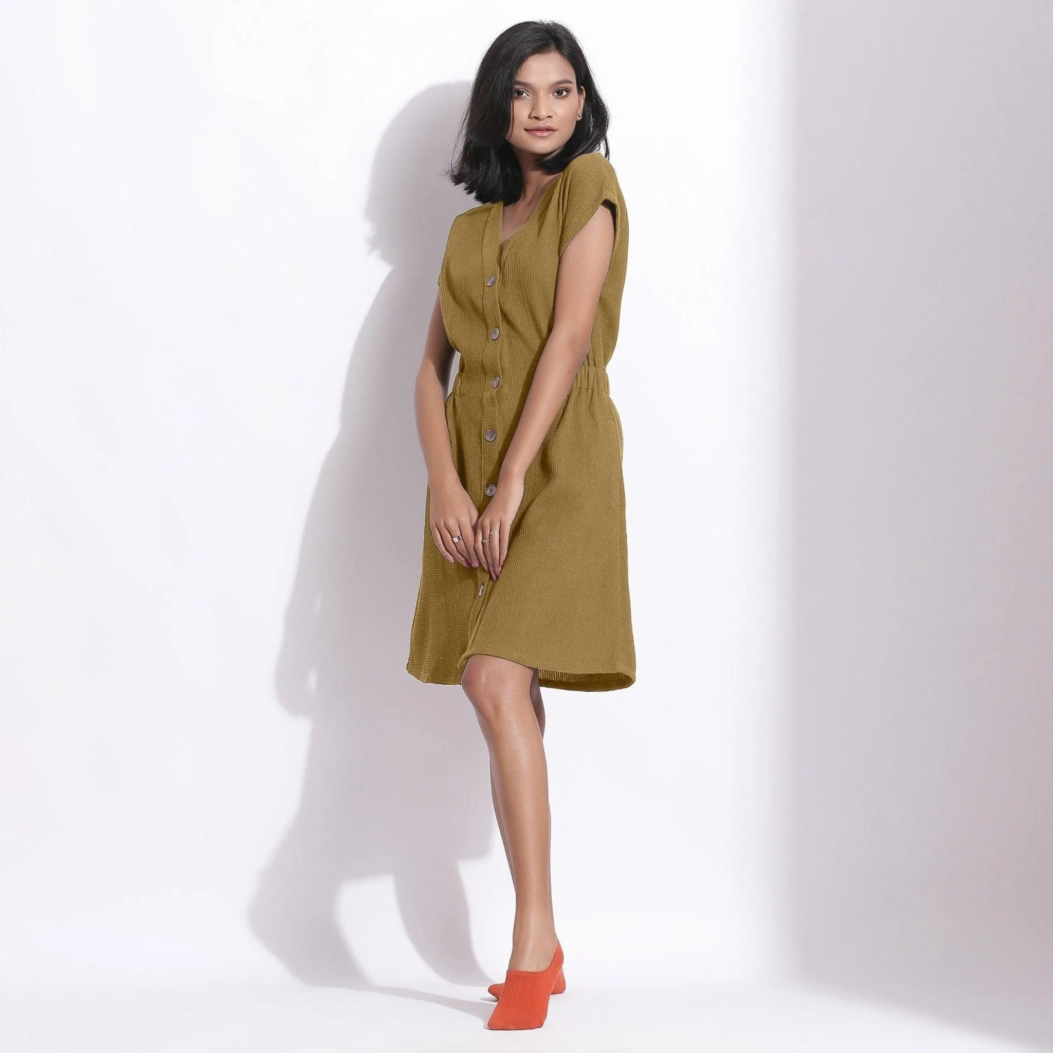 Olive Green Warm Cotton Waffle Knee Length Button-Down Dress