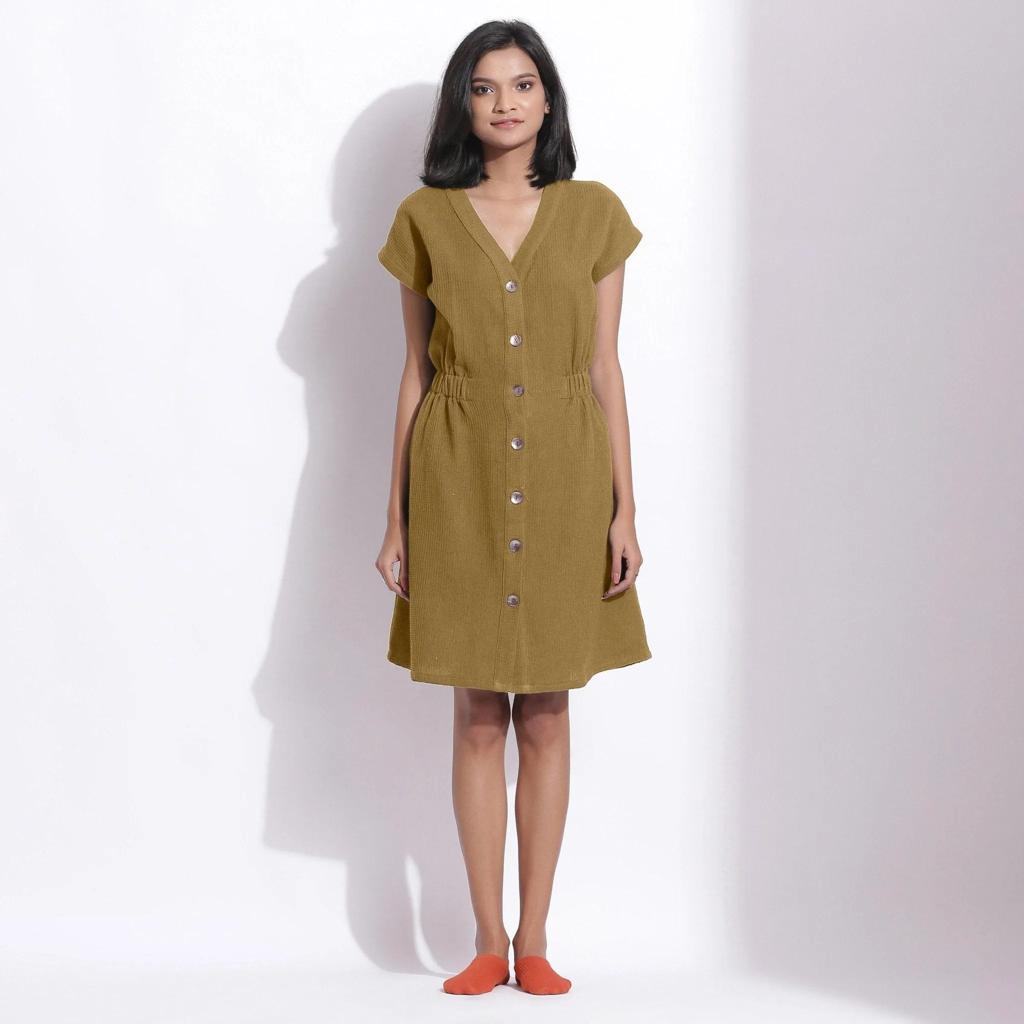 Olive Green Warm Cotton Waffle Knee Length Button-Down Dress