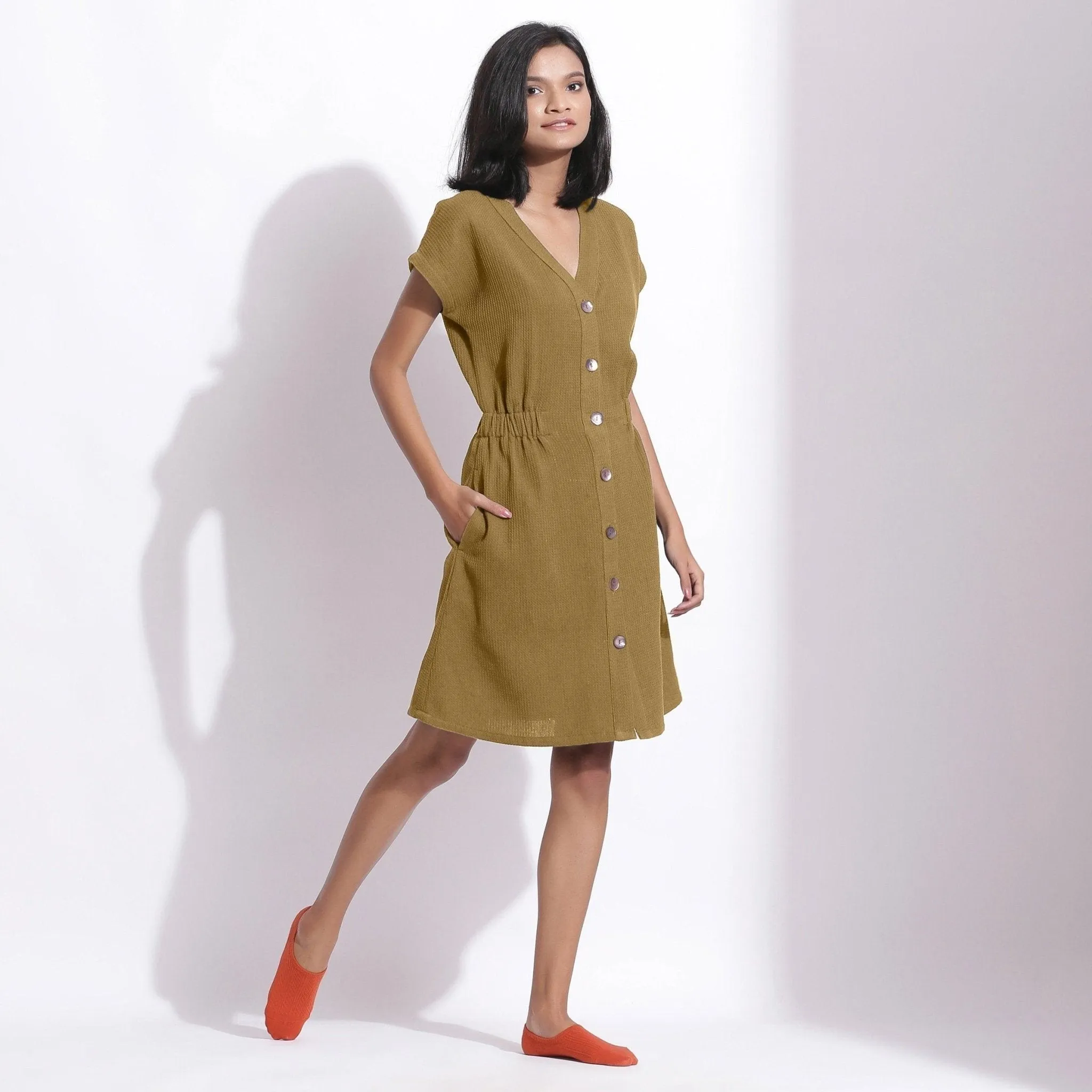 Olive Green Warm Cotton Waffle Knee Length Button-Down Dress