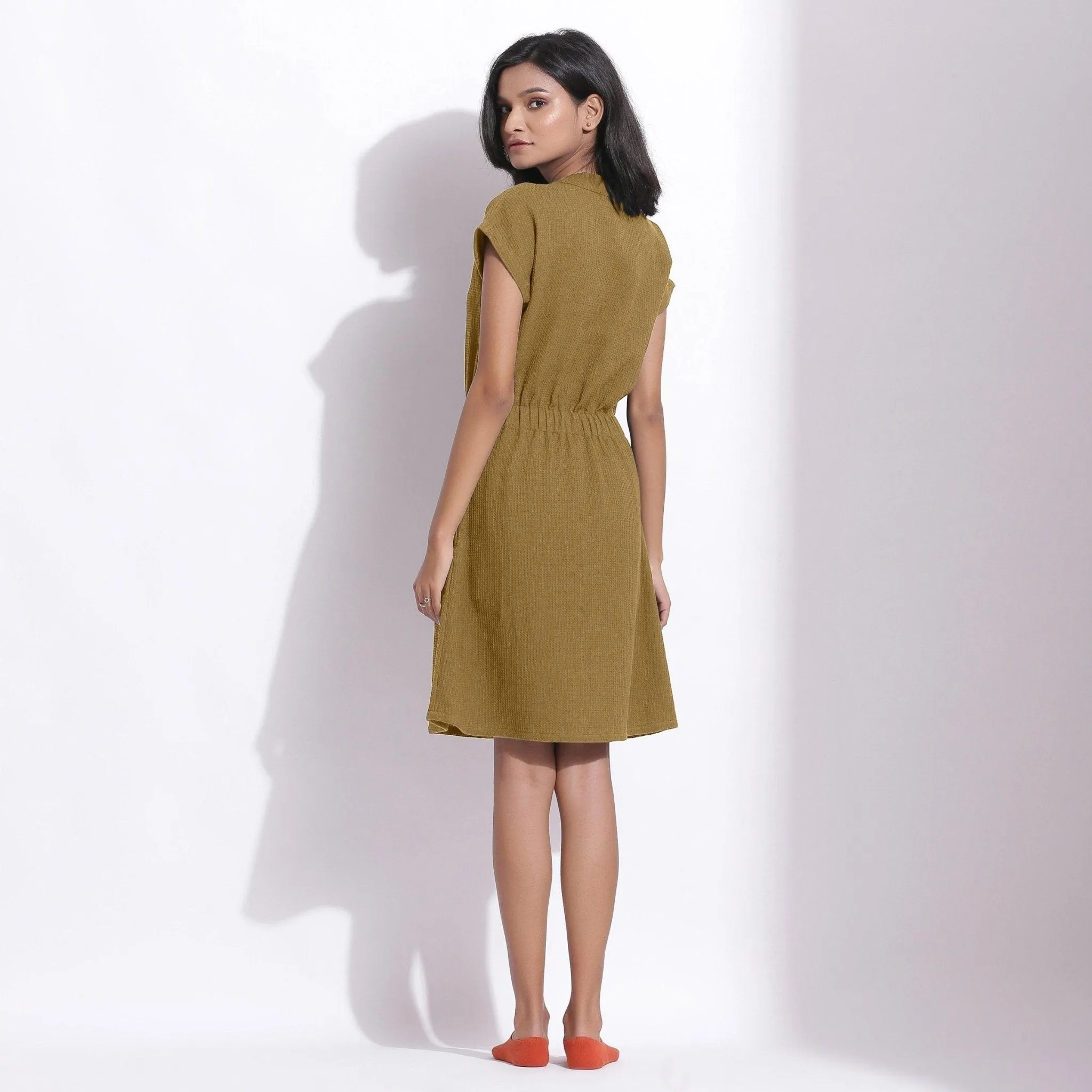 Olive Green Warm Cotton Waffle Knee Length Button-Down Dress