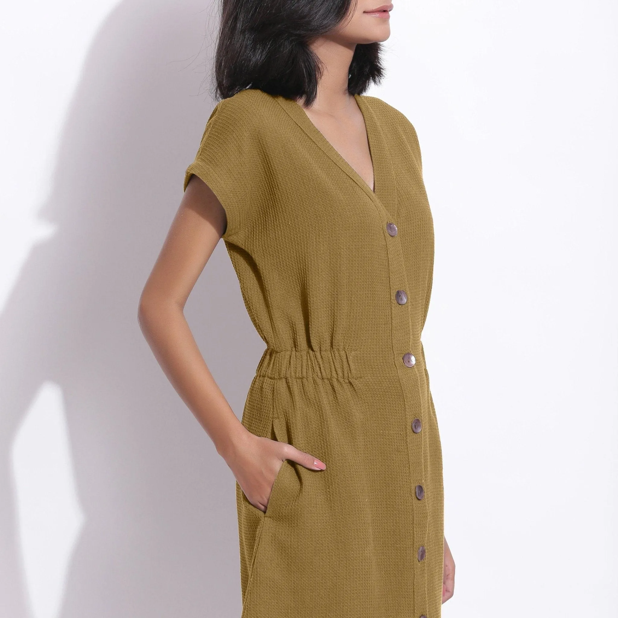 Olive Green Warm Cotton Waffle Knee Length Button-Down Dress